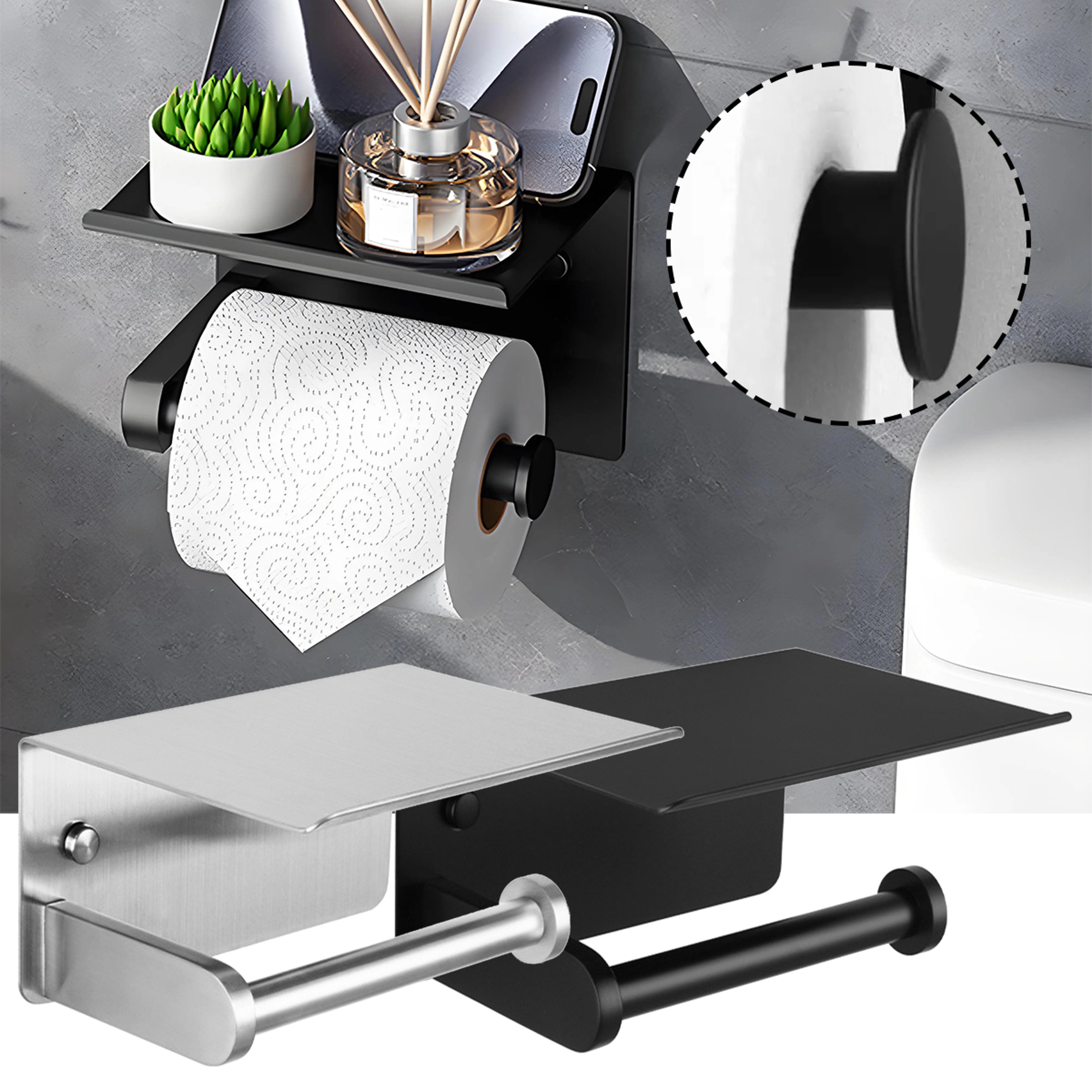 Stainless Steel Wall-Mounted Toilet Paper Holder with Phone Shelf No Drilling, Easy Installation – view 1