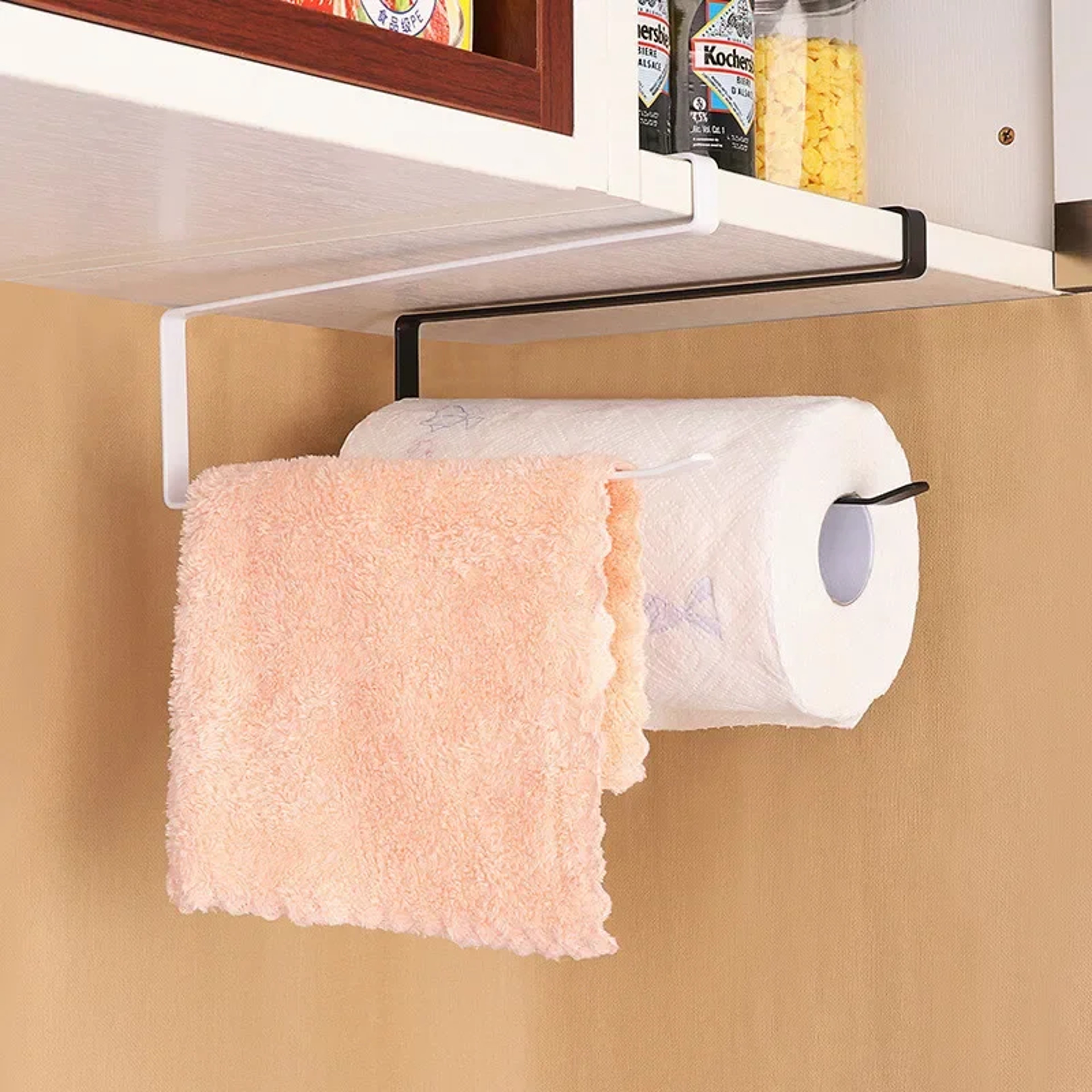 Hanging Kitchen Towel and Organizer Rack for Paper Rolls, Plastic Wrap, and Rags – view 1