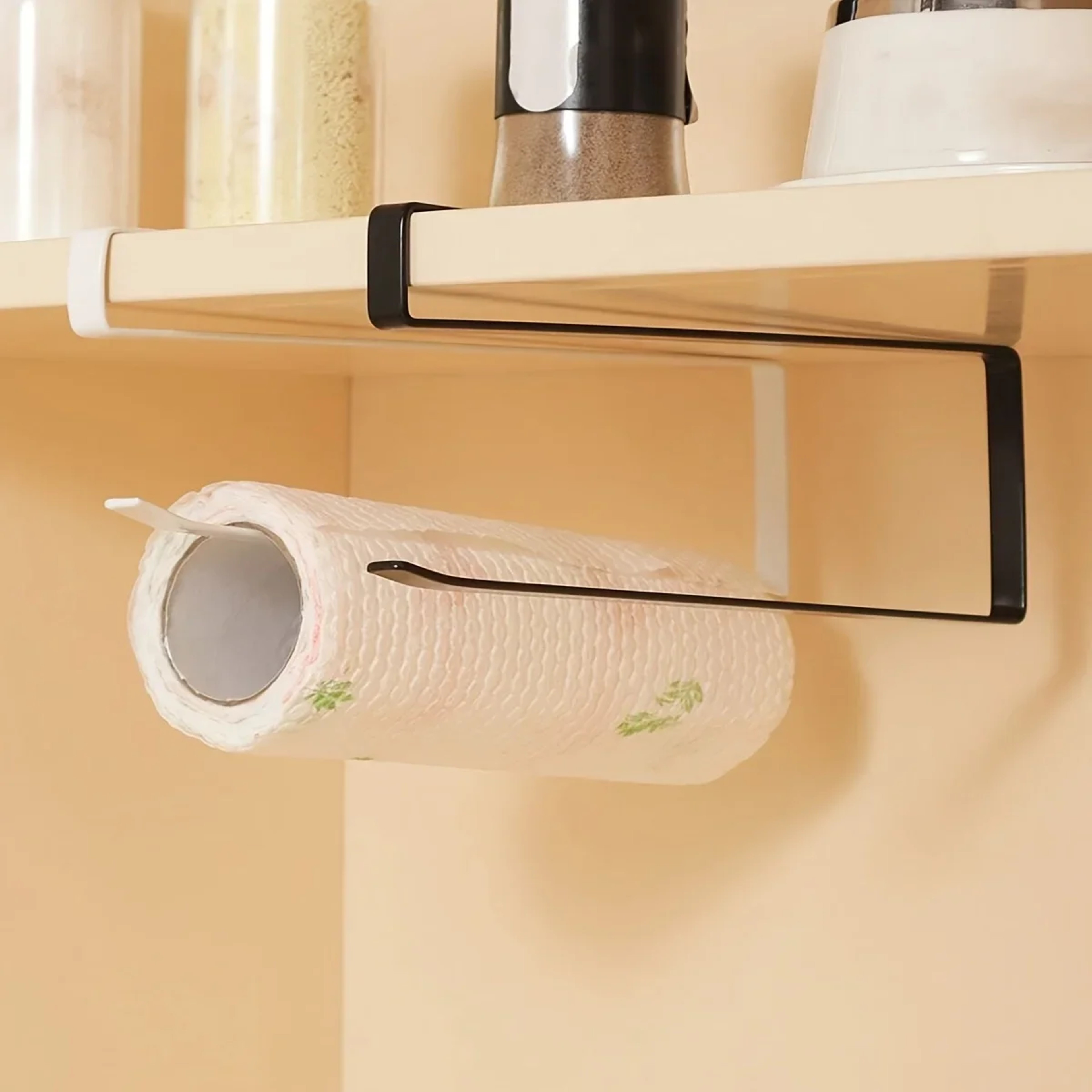Hanging Kitchen Towel and Organizer Rack for Paper Rolls, Plastic Wrap, and Rags – view 2