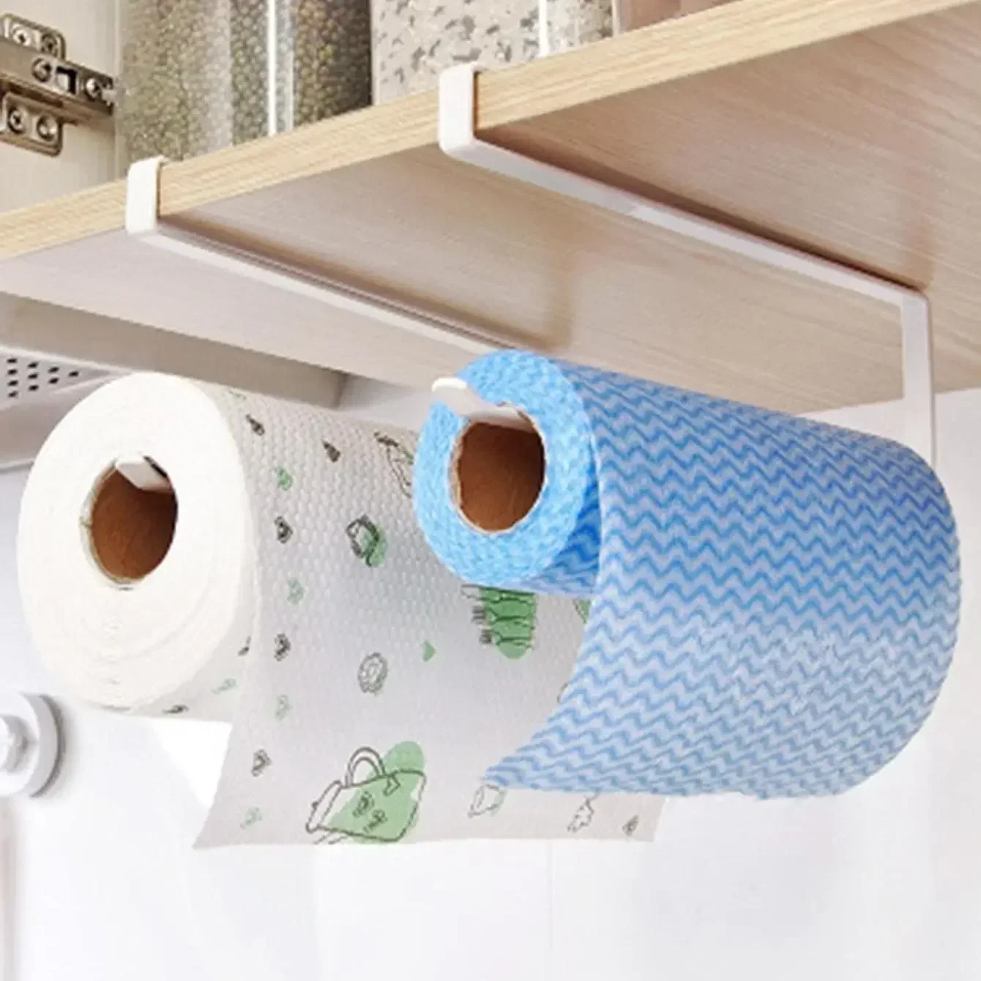 Hanging Kitchen Towel and Organizer Rack for Paper Rolls, Plastic Wrap, and Rags – view 6