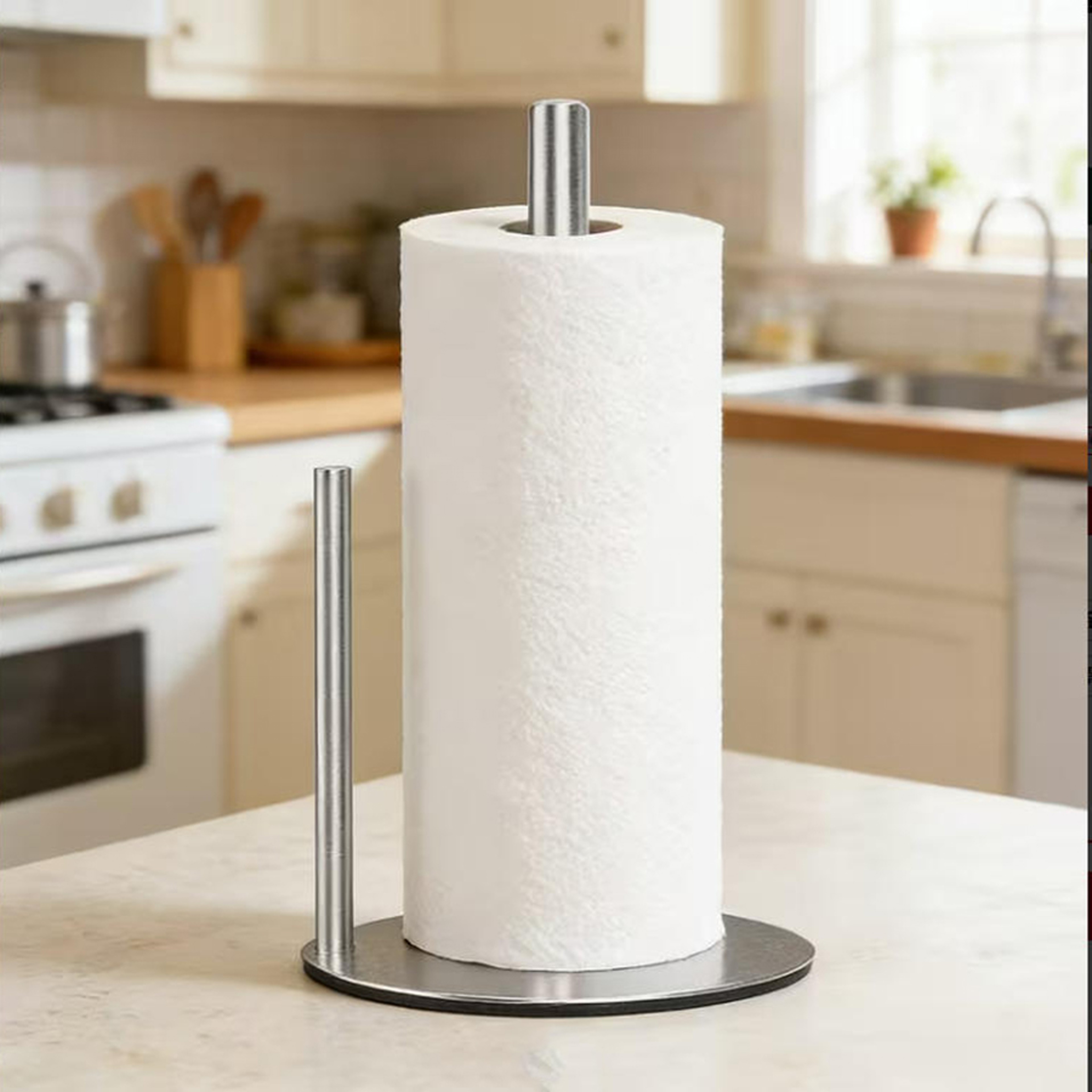 HeavyDuty Stainless Steel Kitchen Roll Holder With Weighted Base SpaceSaving Paper Towel Organizer 3