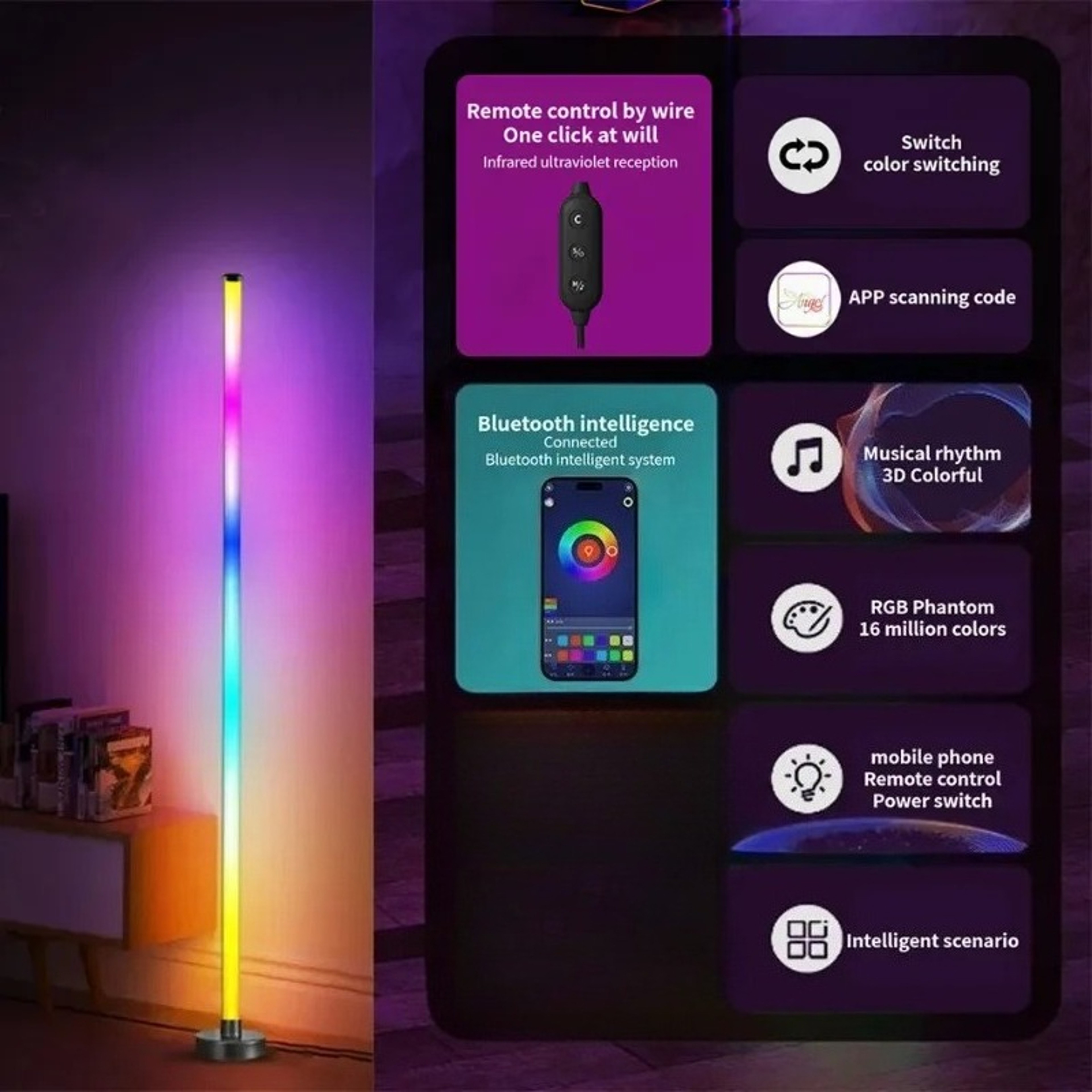 Smart LED Floor Lamp With RGB Music Sync  Remote Control Modern Mood Lighting For Living Room  Gami 3
