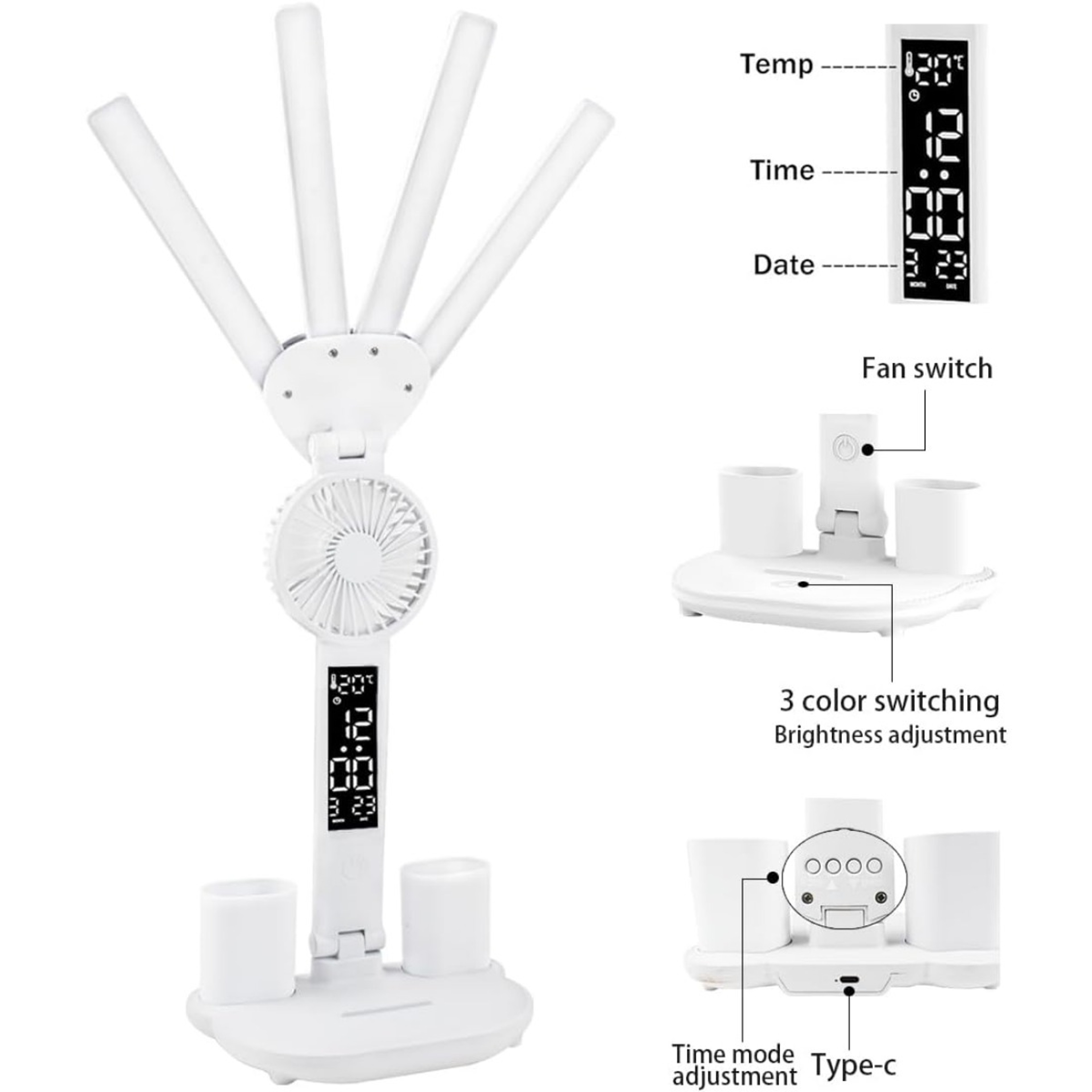 Multifunction Desk Lamp with Fan and Clock Foldable USB Rechargeable LED Desk Lamp – view 4
