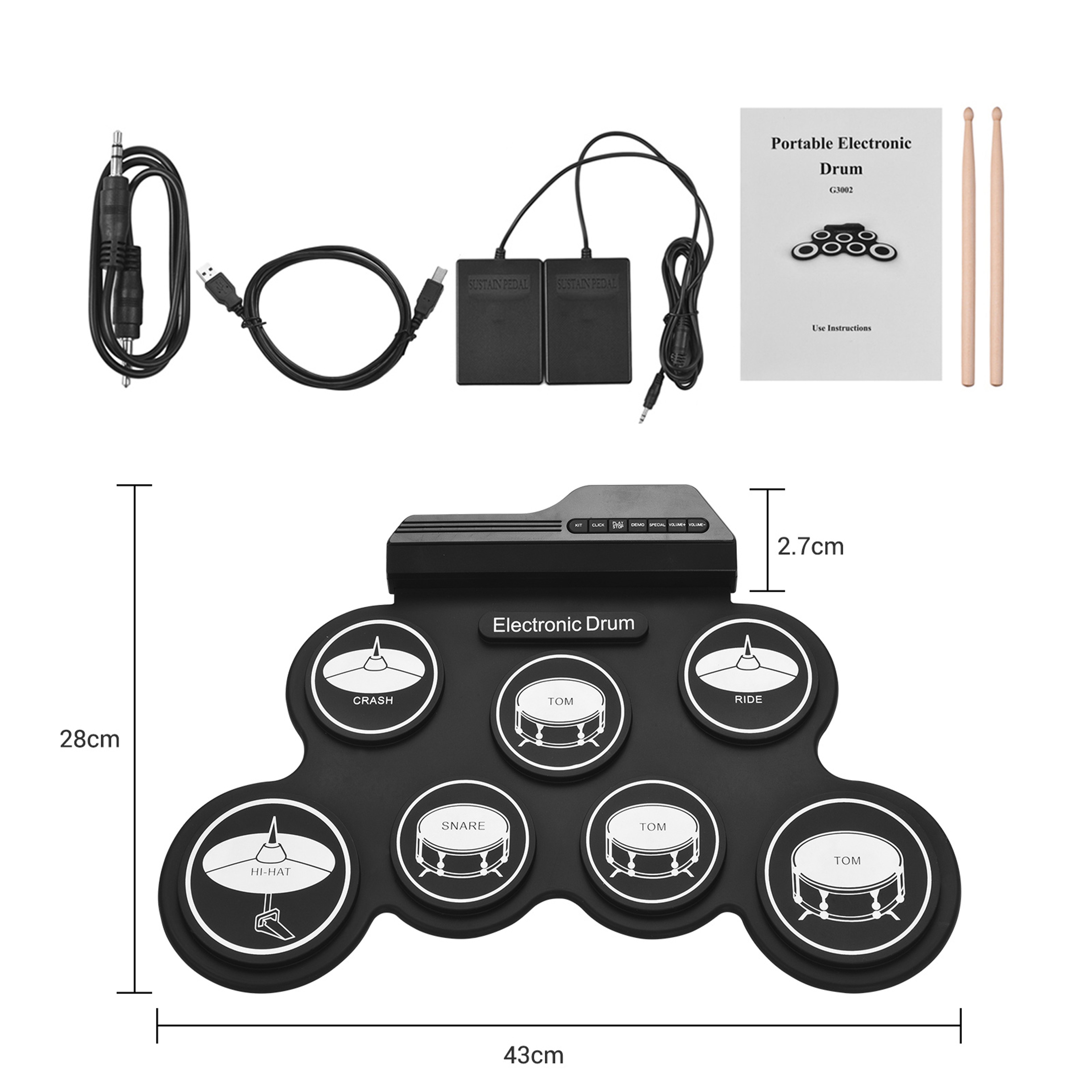 Portable USB Roll Up Electronic Drum Set Compact Foldable Electric Drums Kit With Pedal For Practic 5