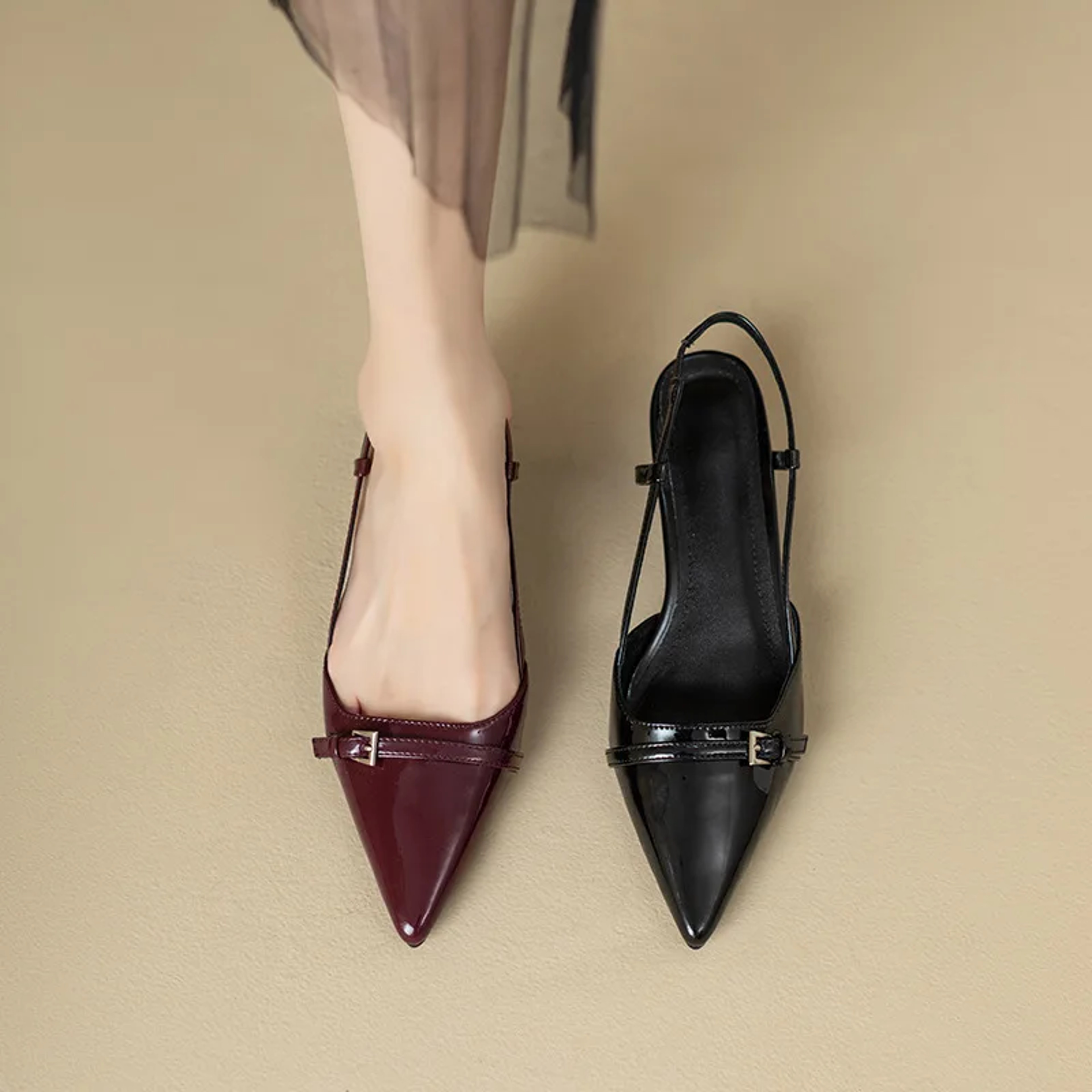 Summer French Wine Red Pointed Patent Leather Mid-Heel Sandals for Women Retro Skinny Heel Overhead Back Empty Shoes – view 6