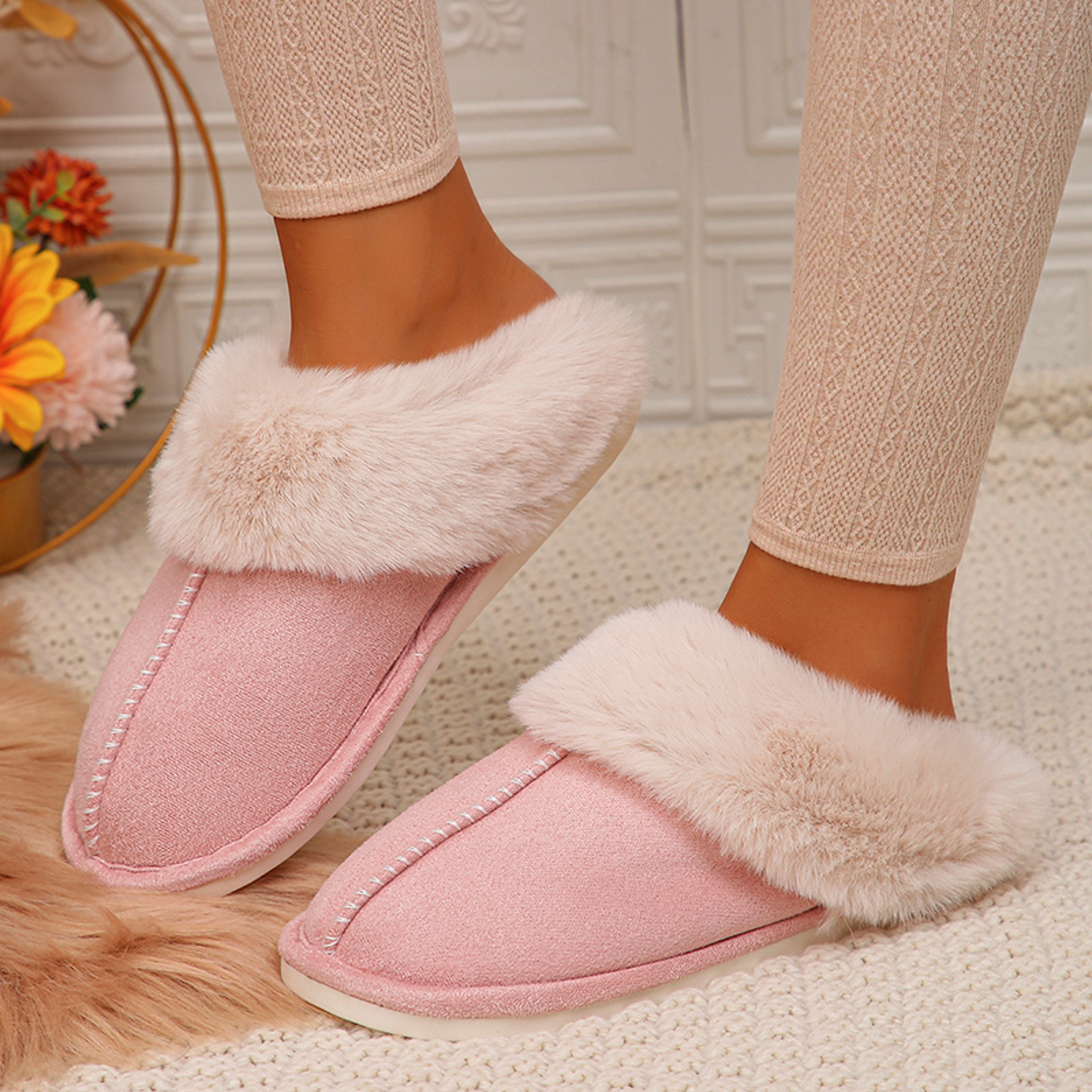 Cozy Faux Fur Winter Slippers For Women Lightweight Closed Toe Cotton Indoor Slides 4