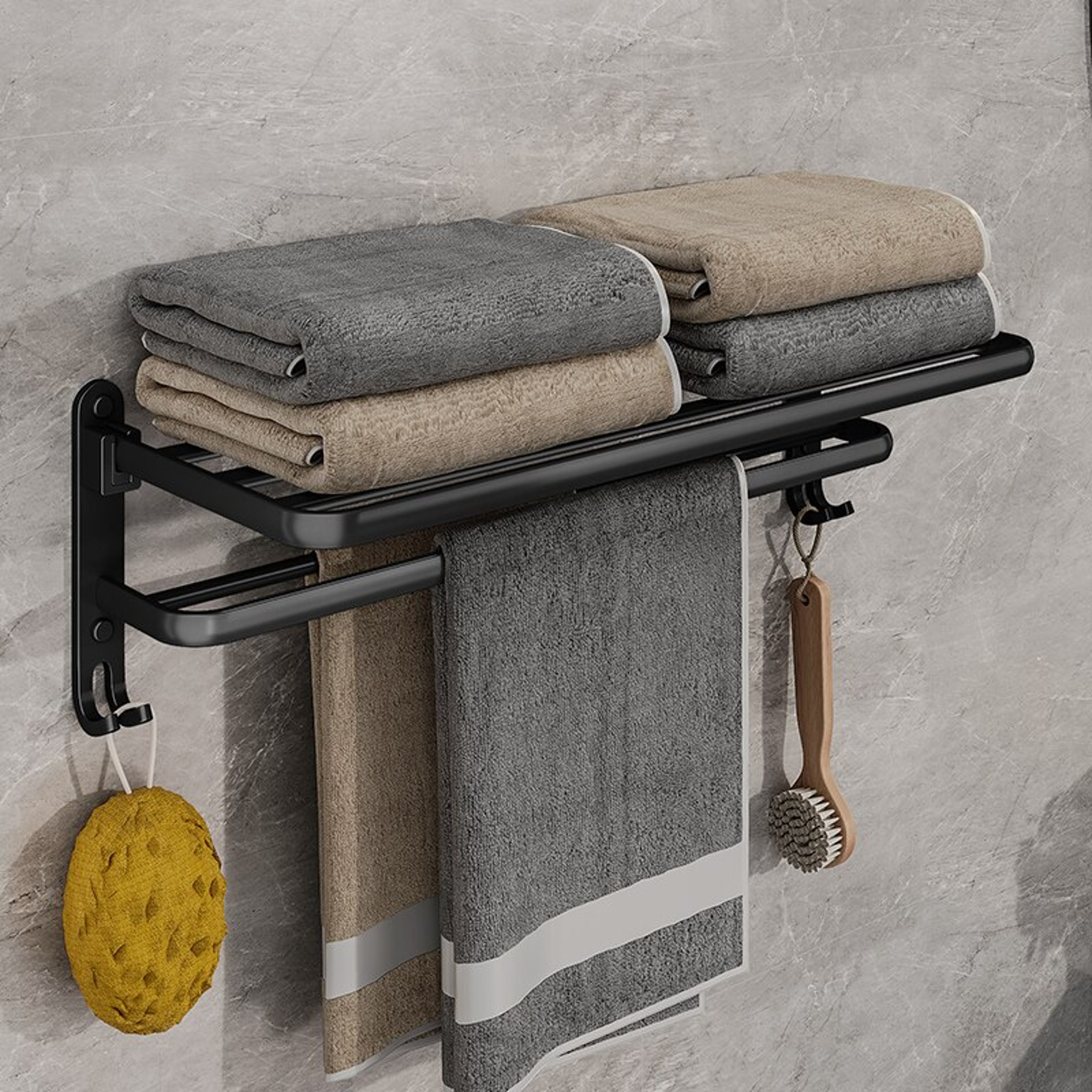 Matte Black Folding Towel Rack with Hook Wall Mount Aluminum Towel Holder – view 2
