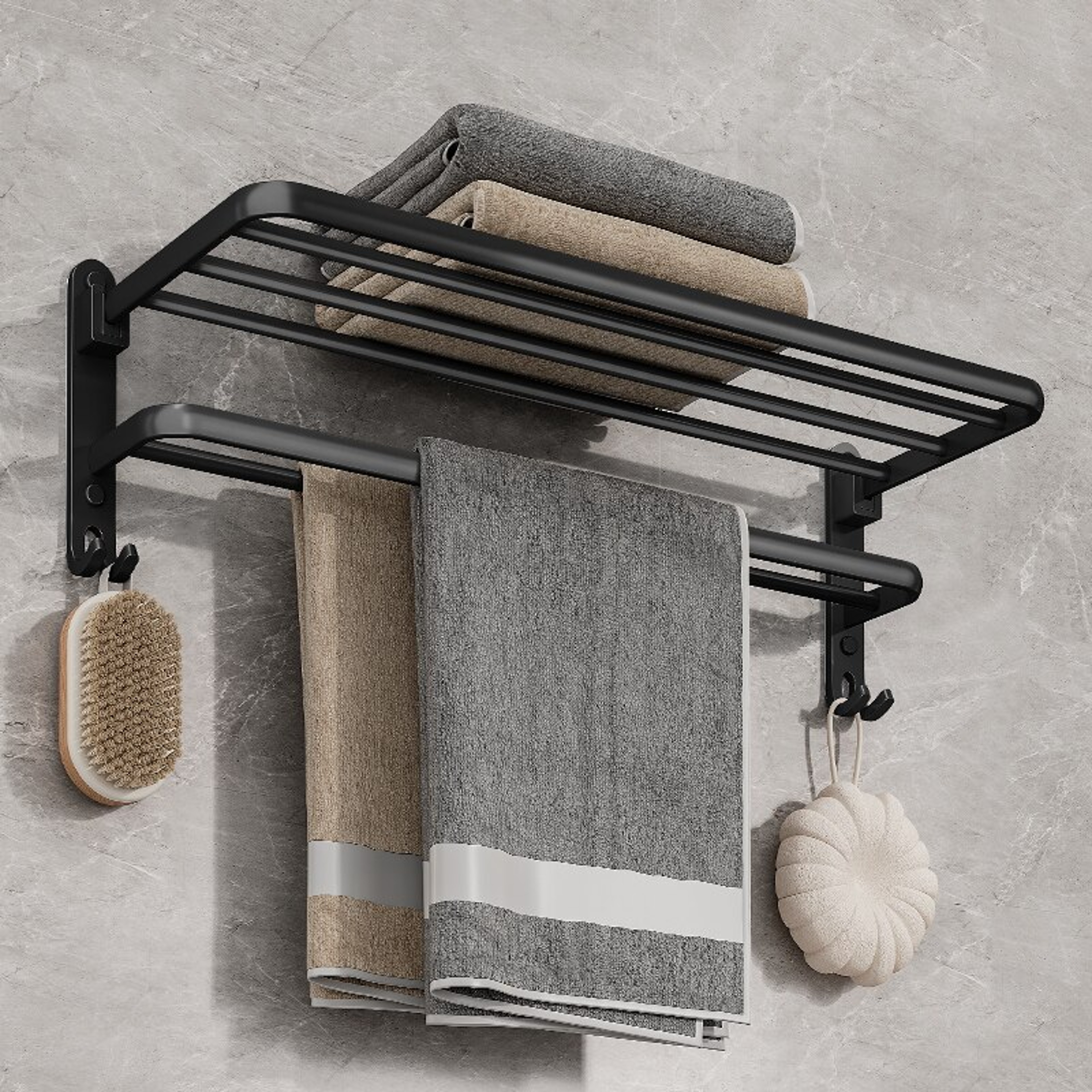 Matte Black Wall Mount Folding Towel Holder with Hook Durable Aluminum Towel Rack – view 6
