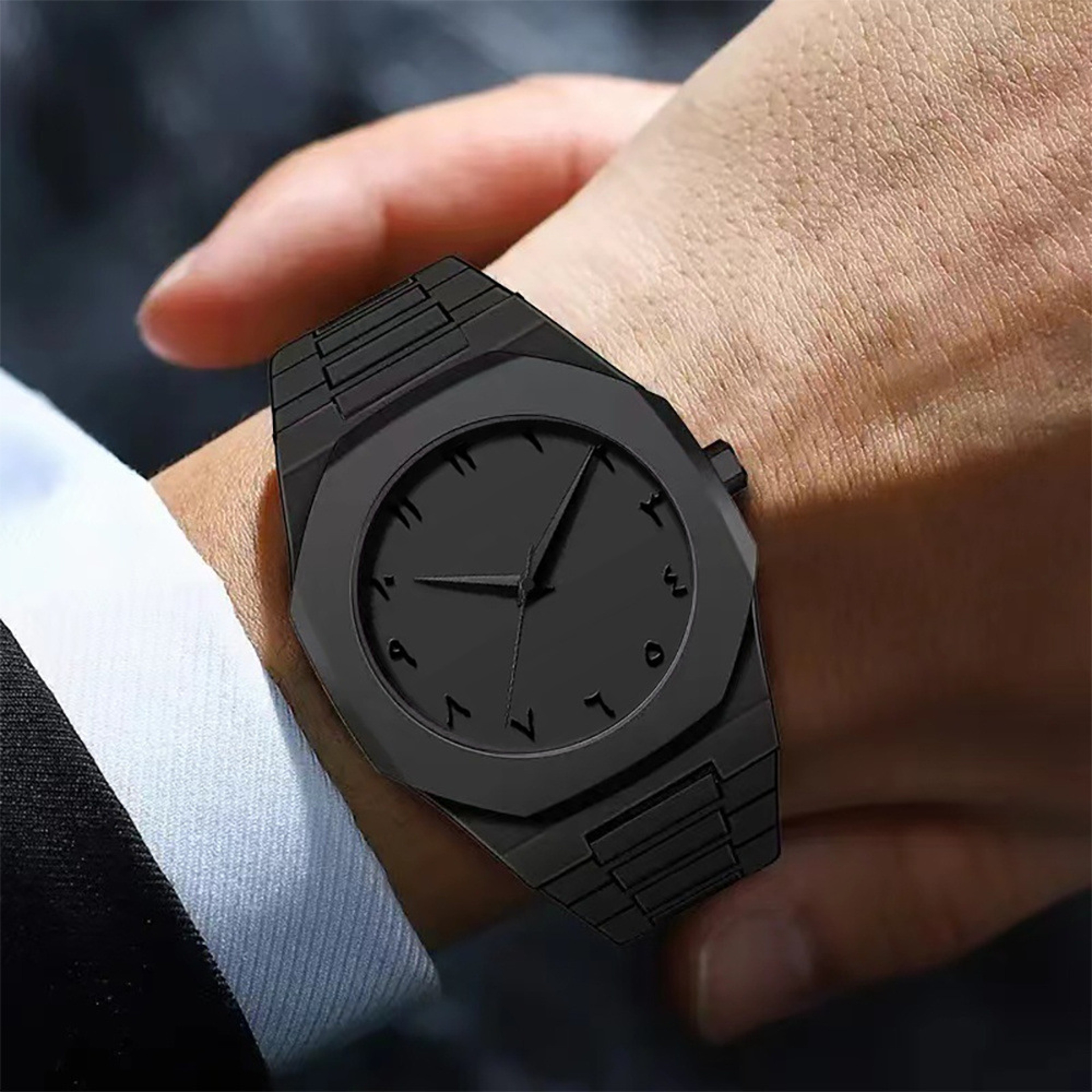 Fashionable Mens Black Quartz Watch With Arabic Digital Display  Casual Drip Oil Strap 3