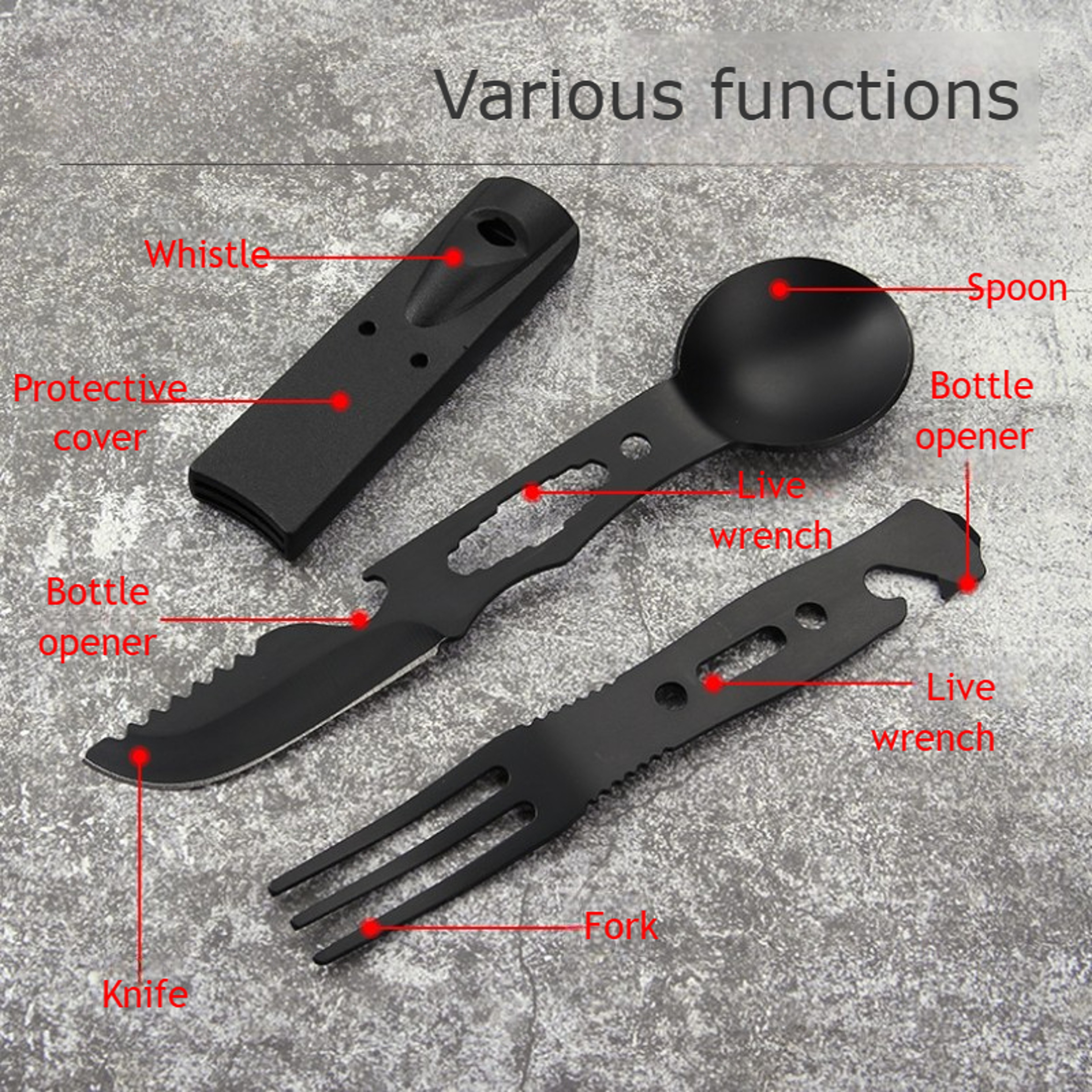 Multi-Functional Camping Knife & Tableware Set Stainless Steel with Whistle Spoon Fork for Outdoor Adventures – view 4