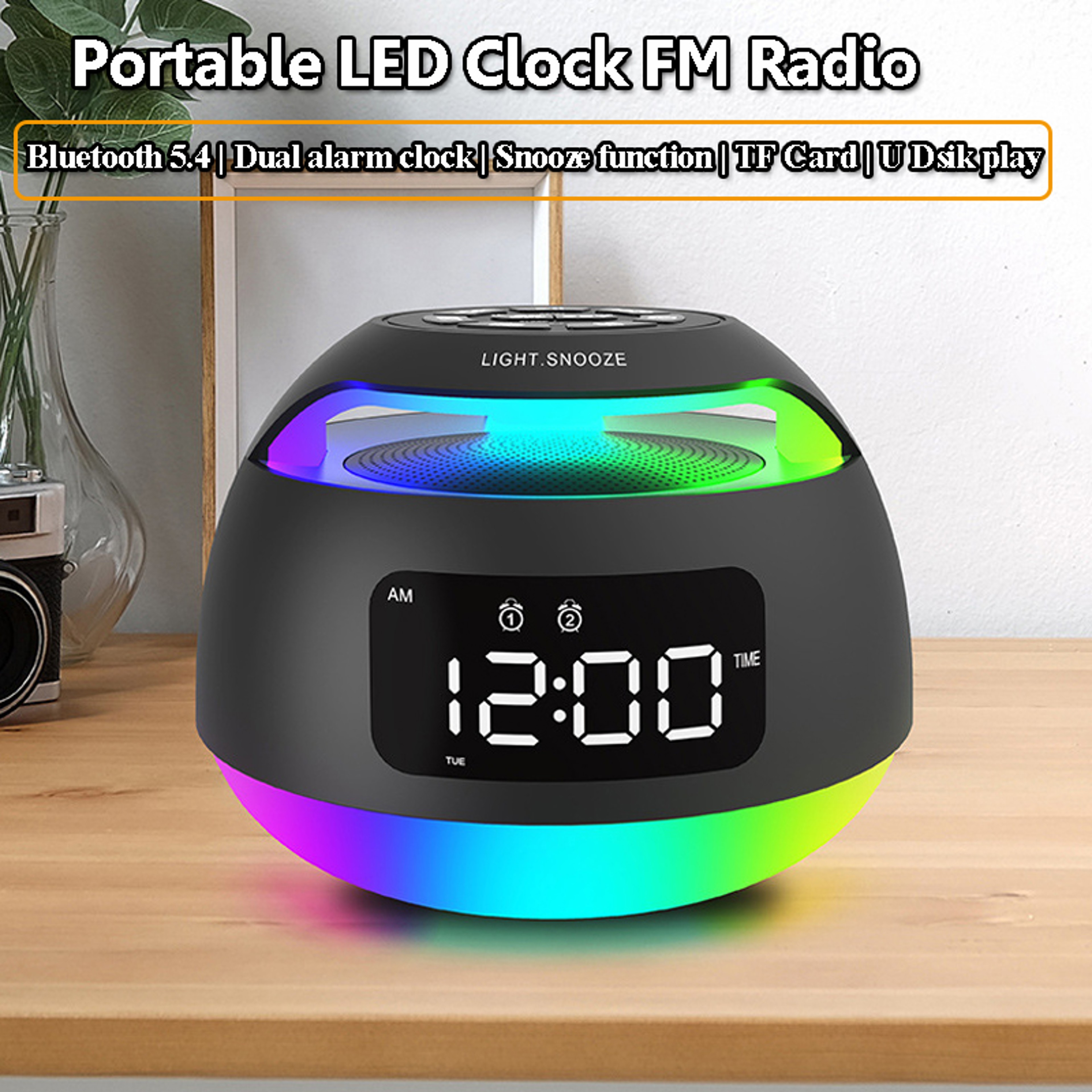 Bluetooth Alarm Clock Speaker with FM Radio Dual Alarm and Mood Light – view 1