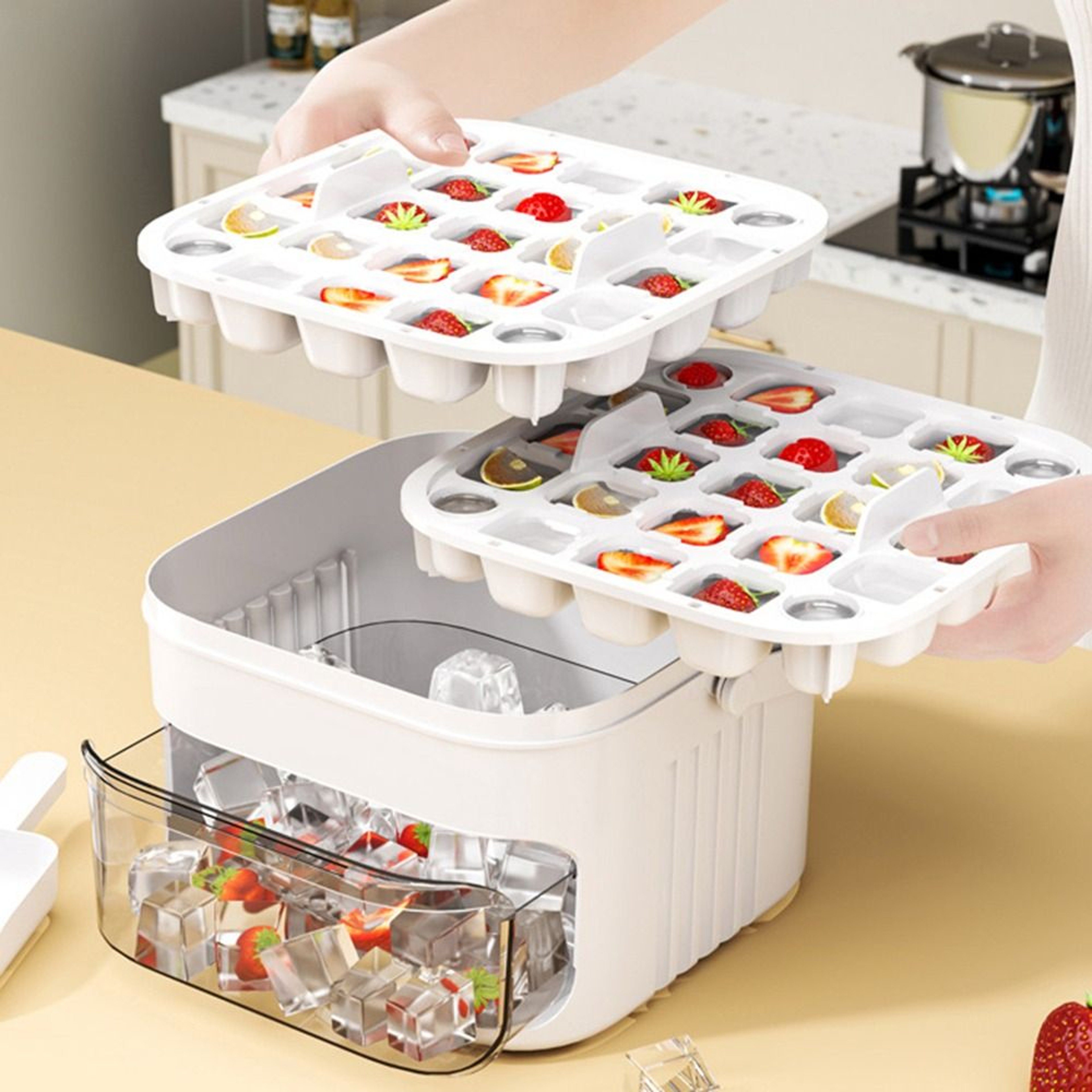 Easy Press Ice Cube Tray with Lid and Storage Bin Double Layer Freezer Ice Box – view 2