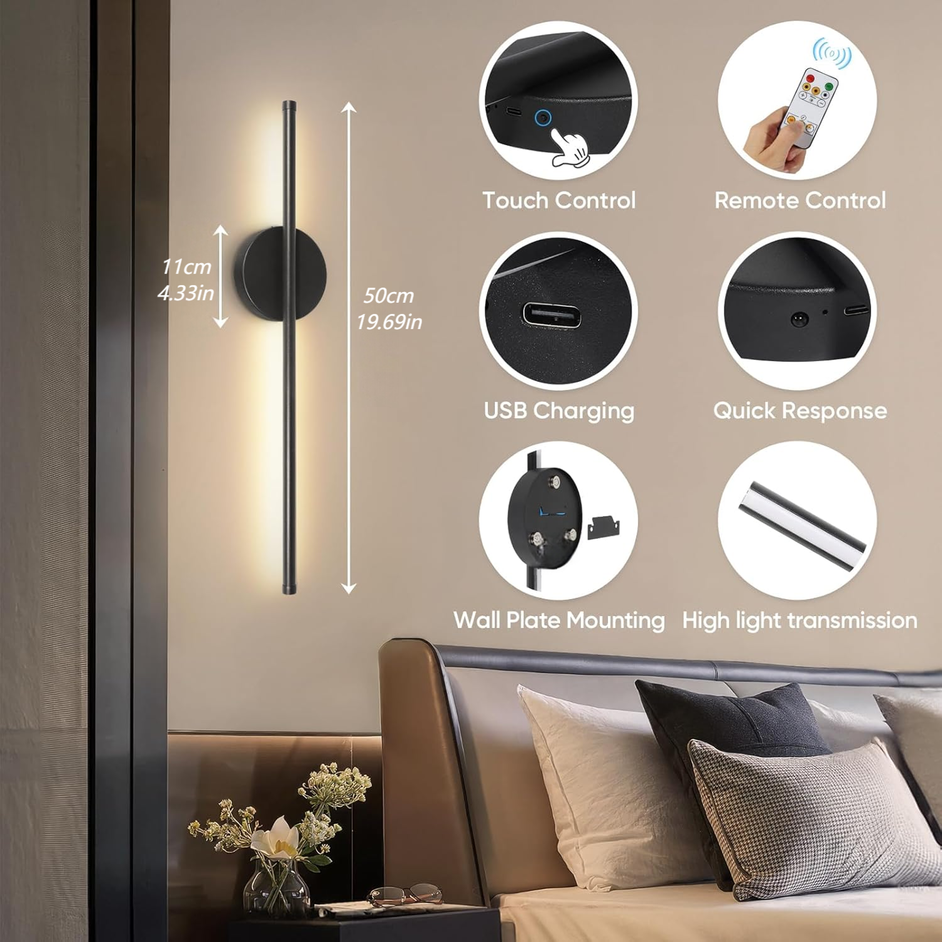 Rechargeable Wireless Wall Sconce Set with Remote Dimmable Battery Operated Wall Lights – view 2
