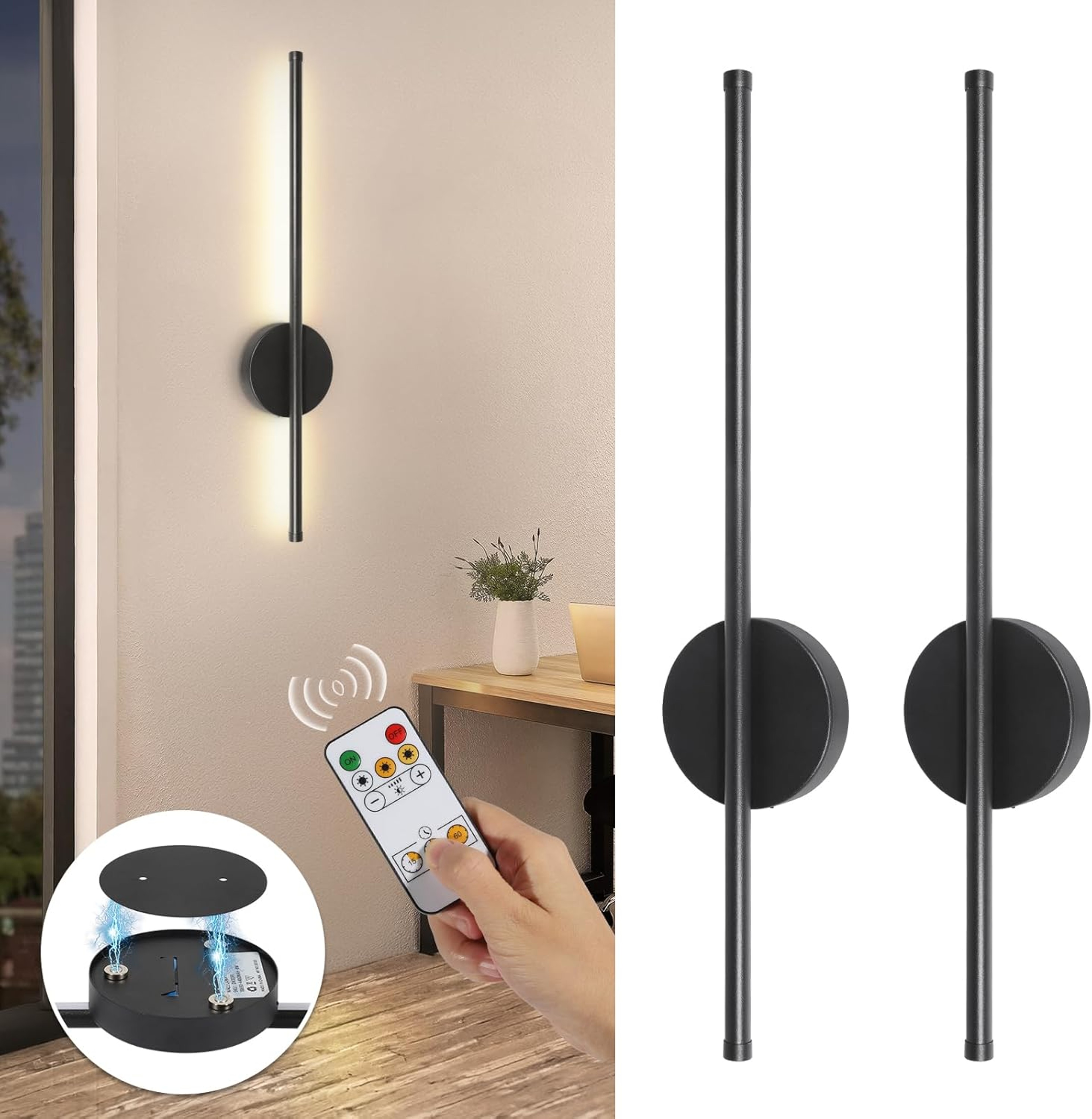 Rechargeable Wireless Wall Sconce Set with Remote Dimmable Battery Operated Wall Lights – view 8