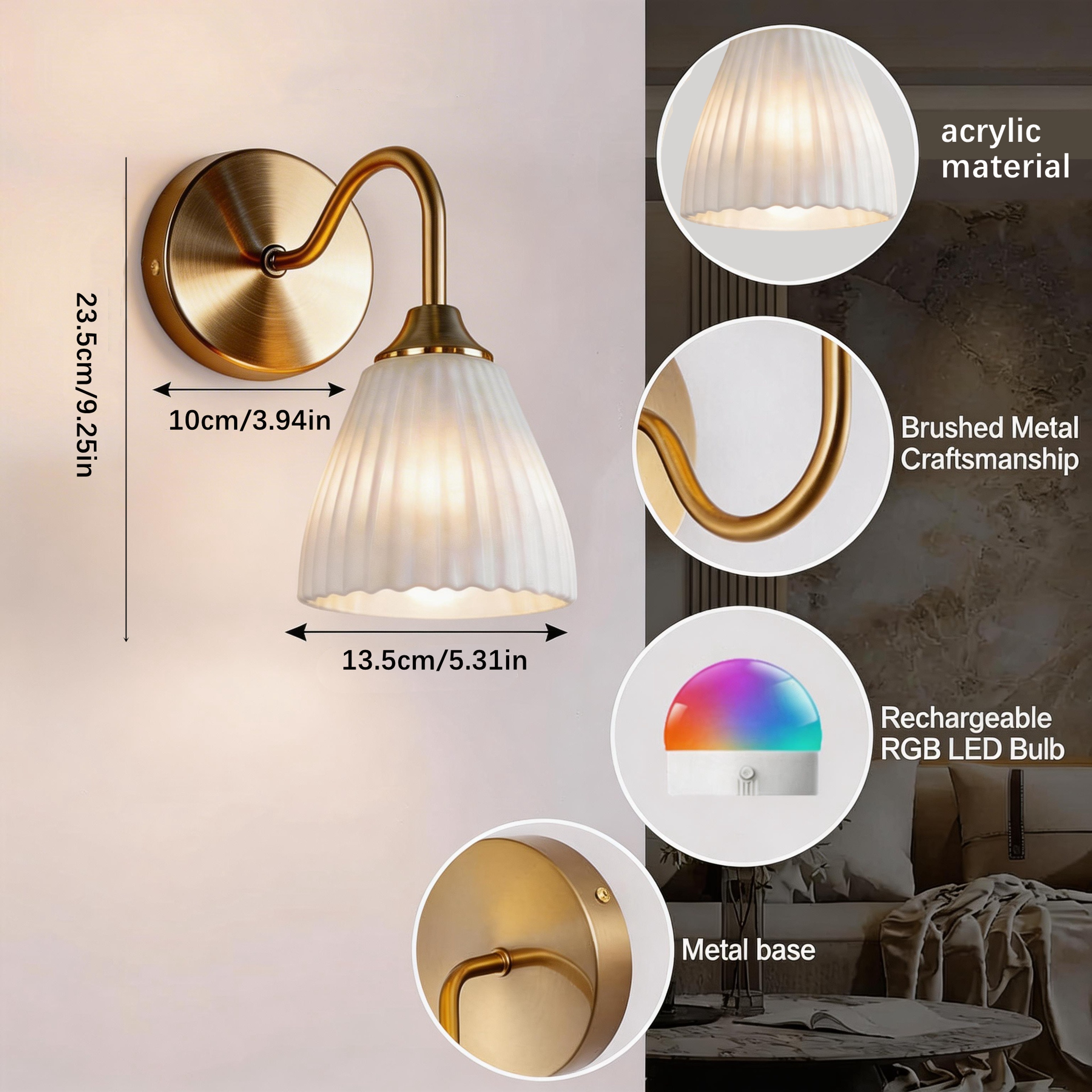 Rechargeable Wireless Wall Light with Remote RGB Dimmable LED Gold Wall Sconce – view 2