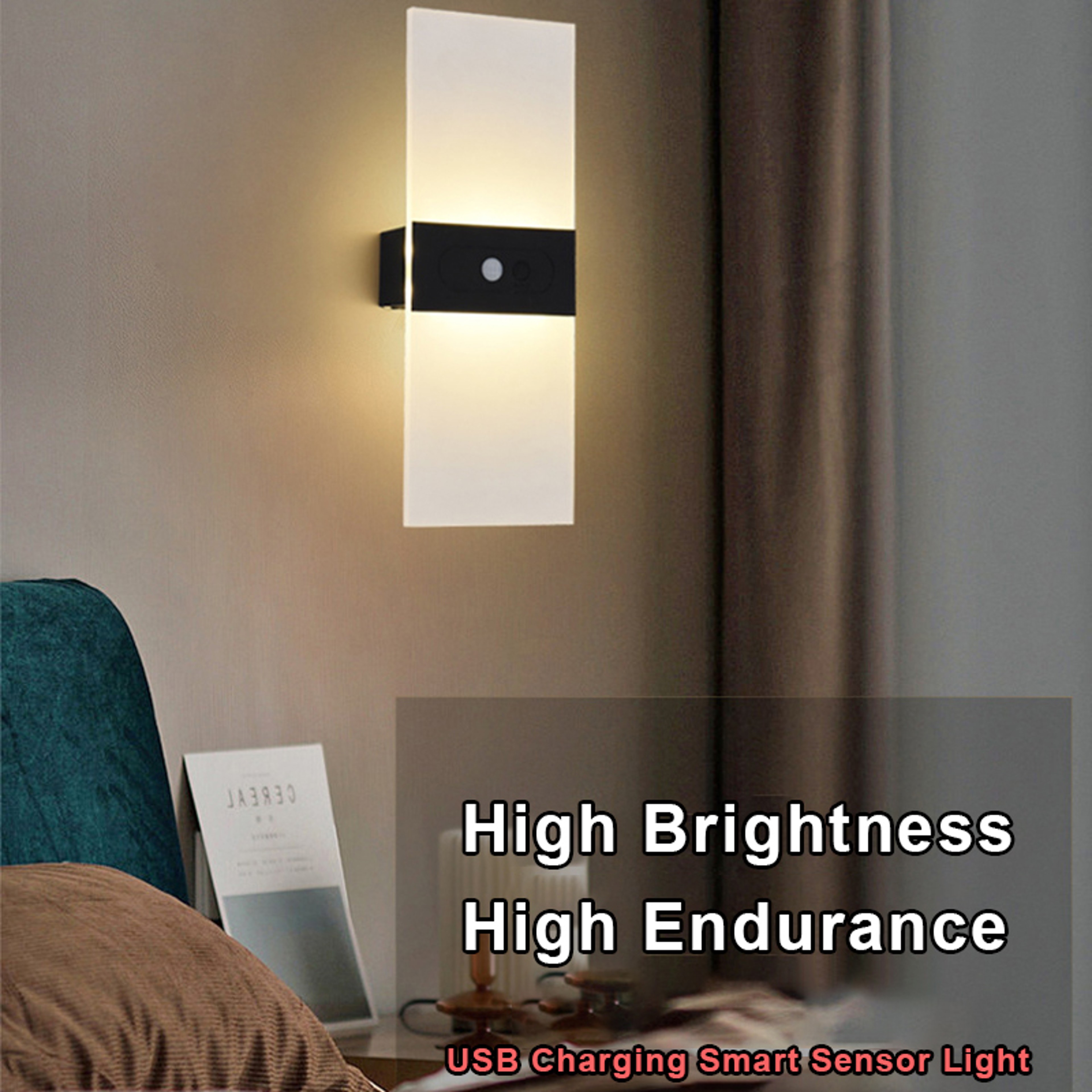 Rechargeable Motion Sensor Wall Light USB LED Bedside Sconce for Bedroom Hallway and Living Room – view 1