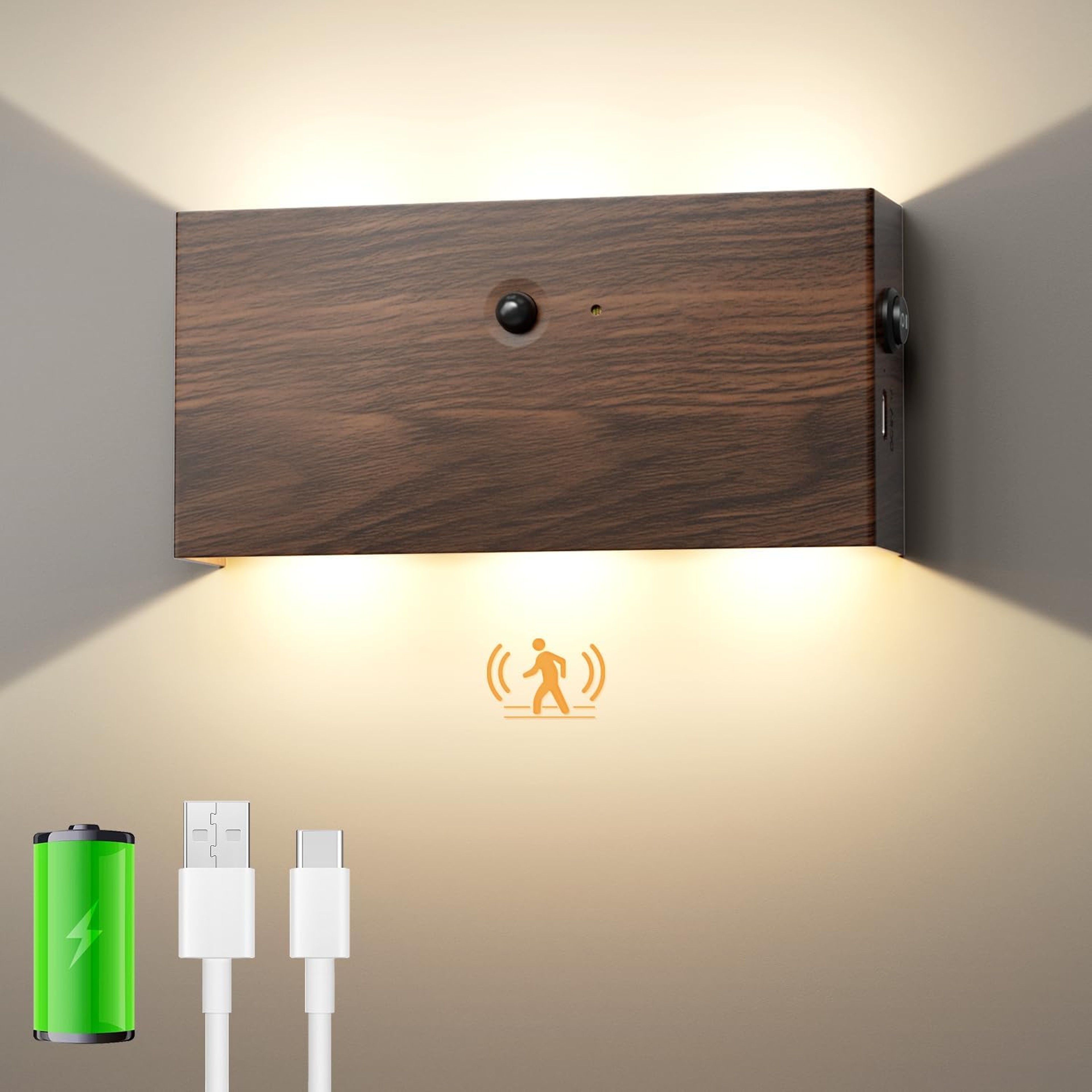 Rechargeable Motion Sensor Wall Light Wireless LED Wall Sconce with Magnetic Mount 4000mAh Battery Walnut Finish – view 1