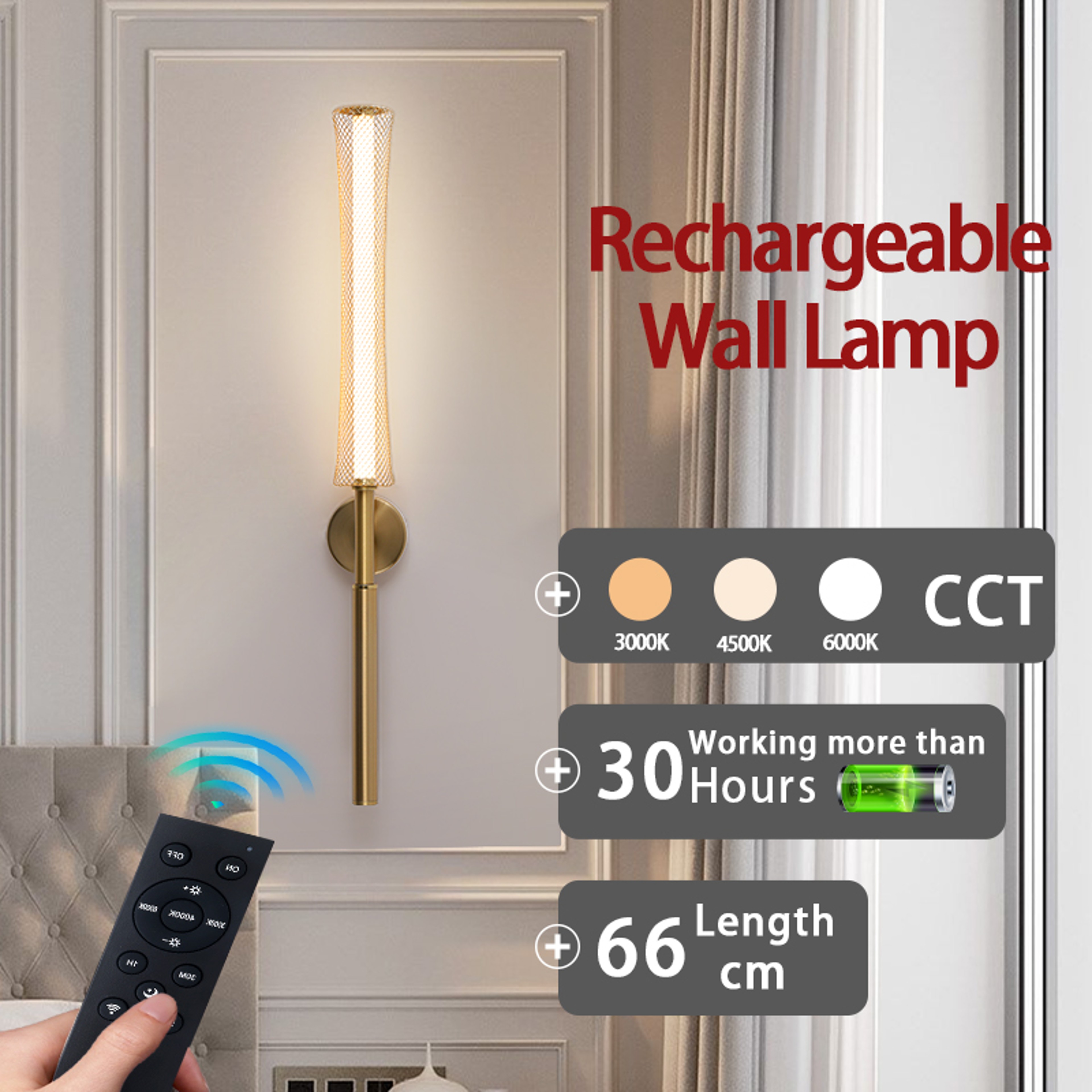 Modern Rechargeable Wall Lamp Cordless LED Wall Light with Remote Dimmable Black Gold Sconce – view 1