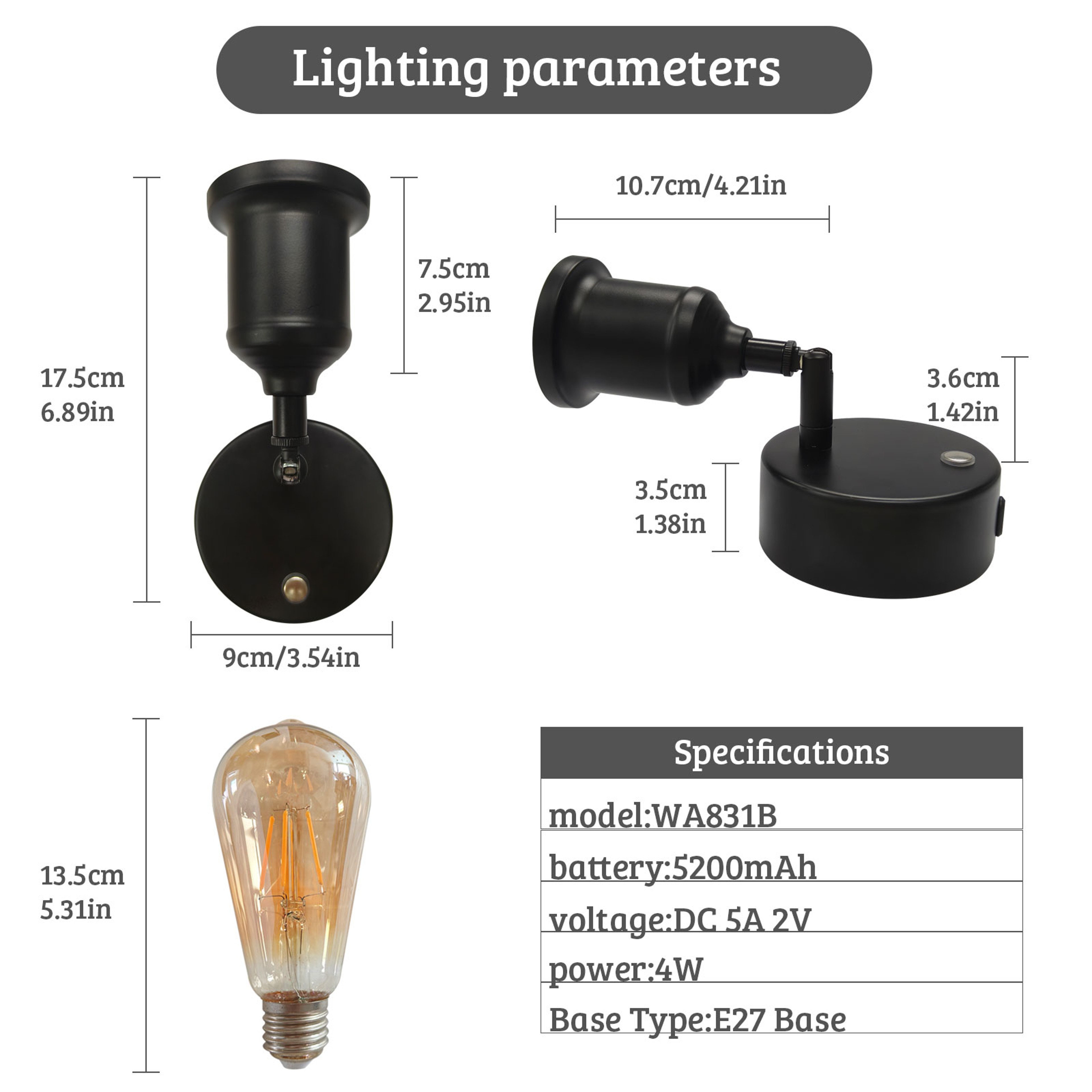 Industrial Vintage Rechargeable Wall Lamp with Remote Control Touch Dimmable Battery Operated Wall Light – view 3
