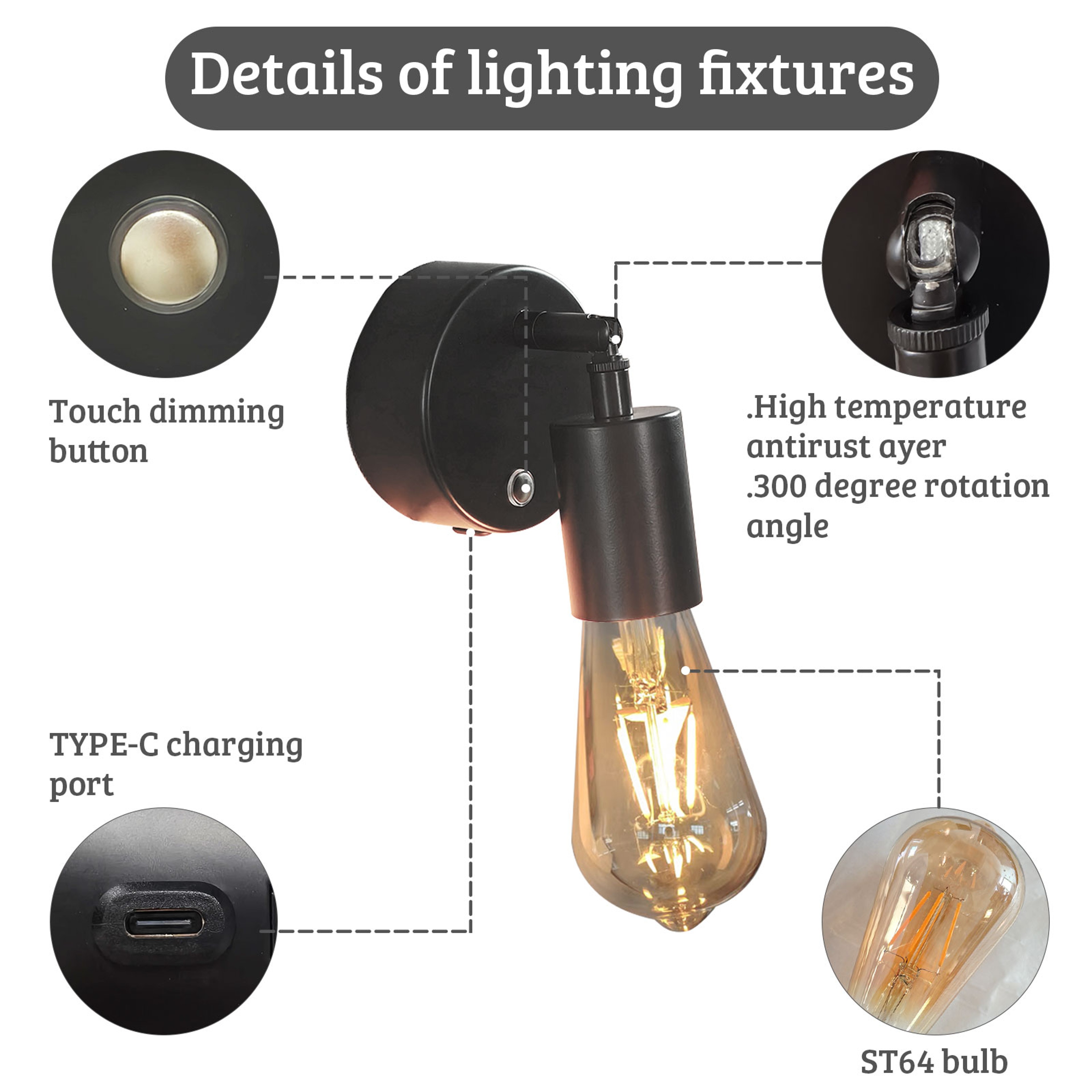 Industrial Vintage Rechargeable Wall Lamp with Remote Control Touch Dimmable Battery Operated Wall Light – view 5