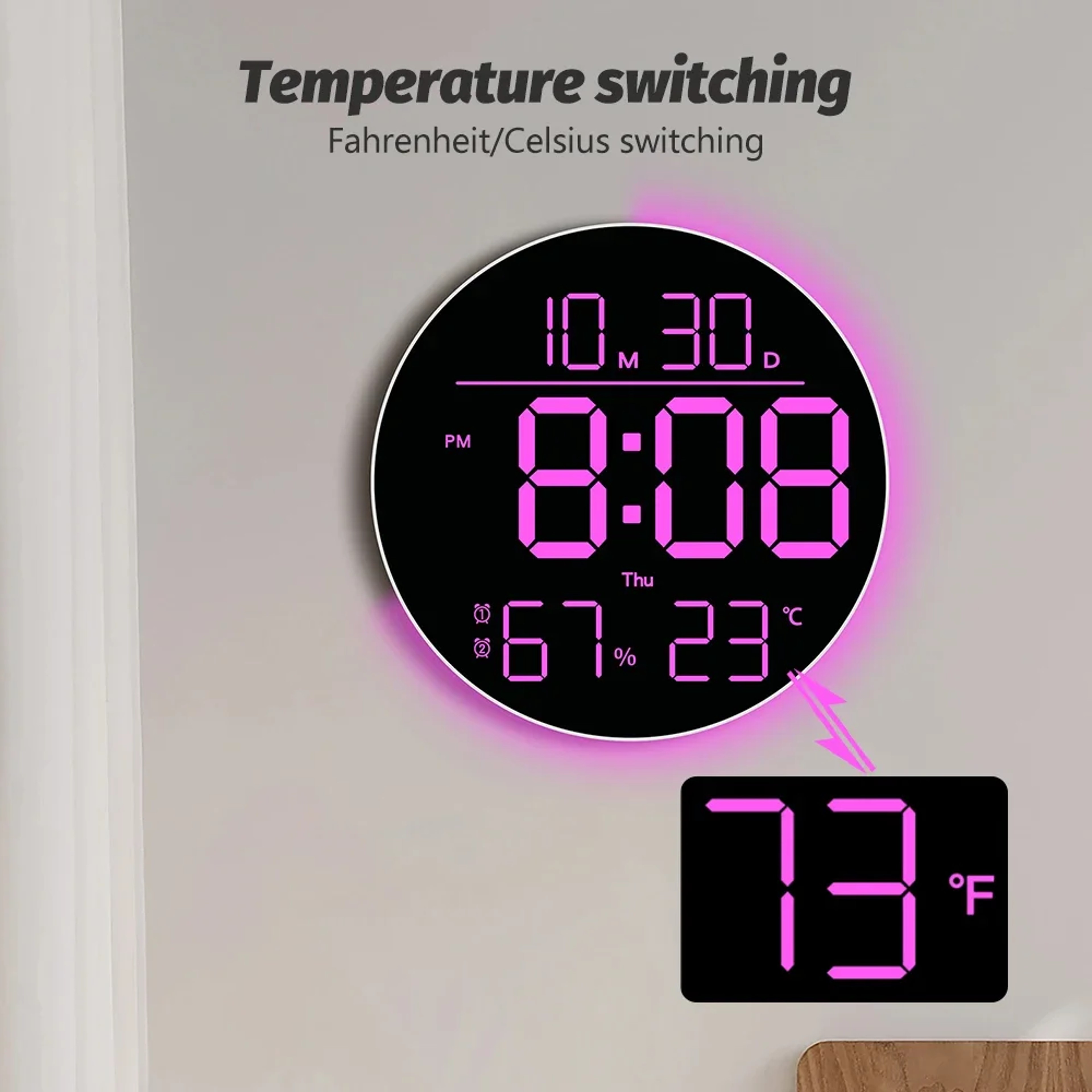 RGB LED Wall Clock with Remote Control Digital Wall Clock Display Temperature Date Alarm Timer – view 4