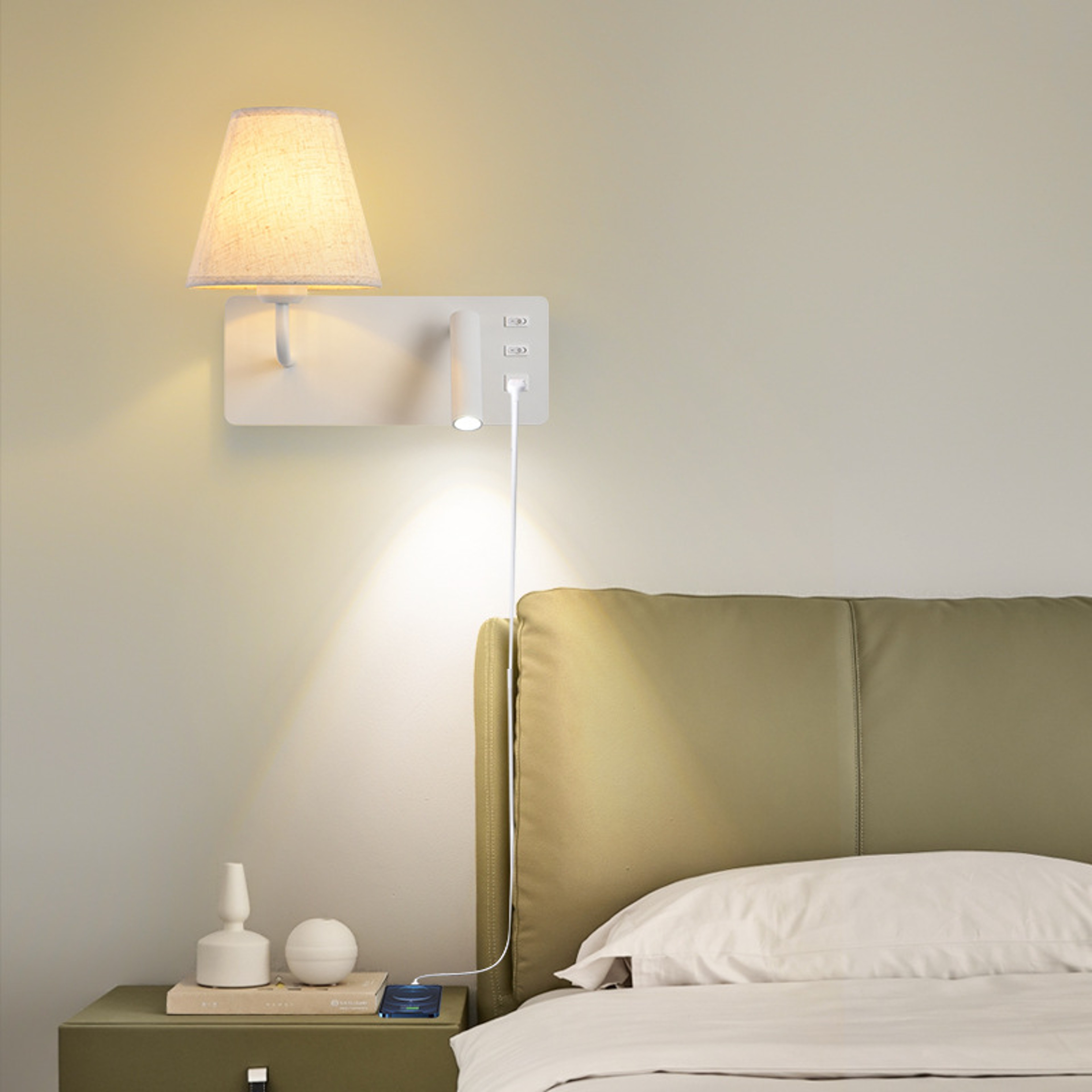 Modern LED Wall Sconce with USB Charging Port and Reading Light for Bedside Bedroom – view 3