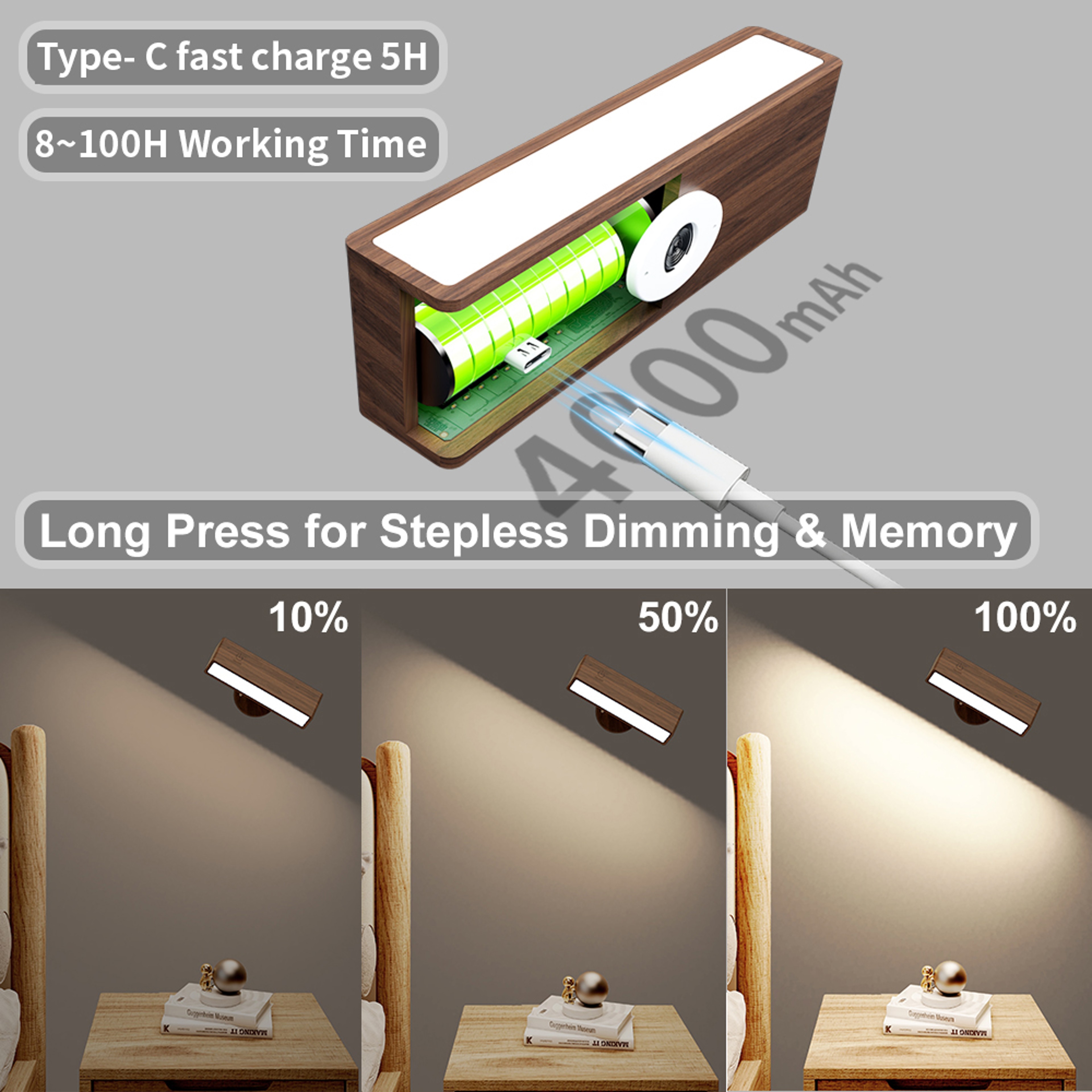 Black Walnut Wireless LED Wall Sconce Dimmable Battery Powered Bedside Reading Light – view 6