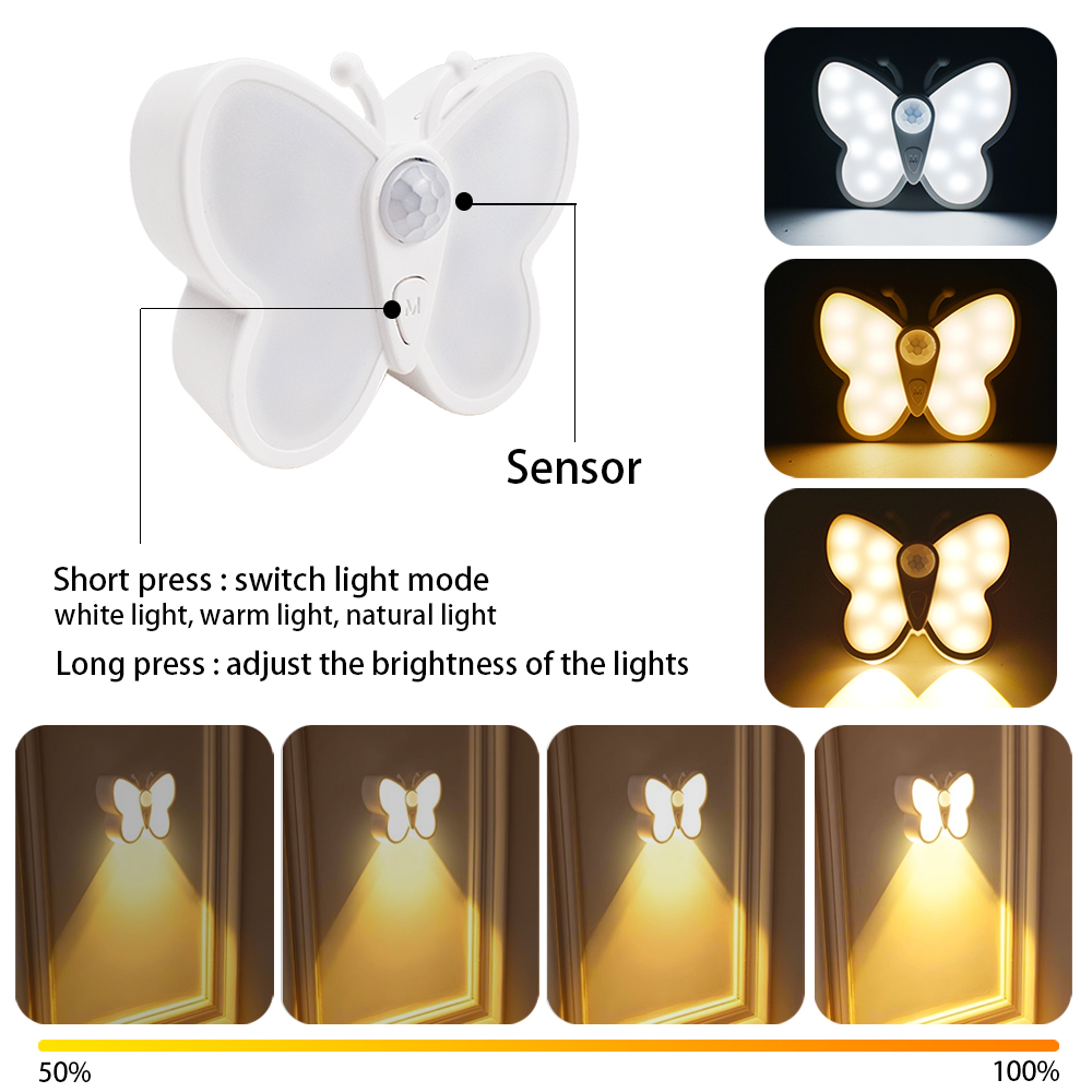 Butterfly Motion Sensor Night Light USB Rechargeable LED Wall Lamp With Dimmable Glow 1