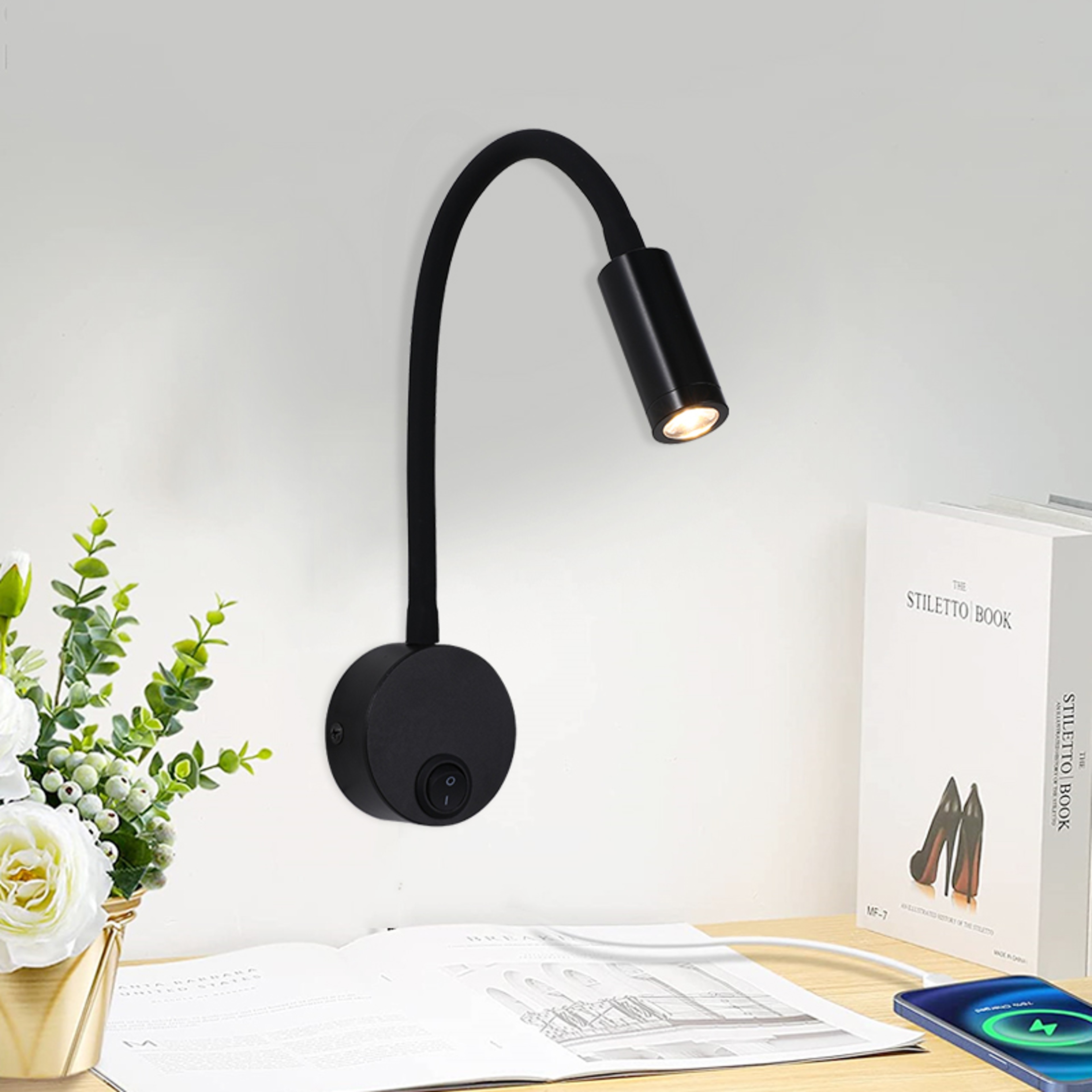 Flexible LED Reading Wall Lamp with Gooseneck Adjustable Bedside Light and Switch – view 1