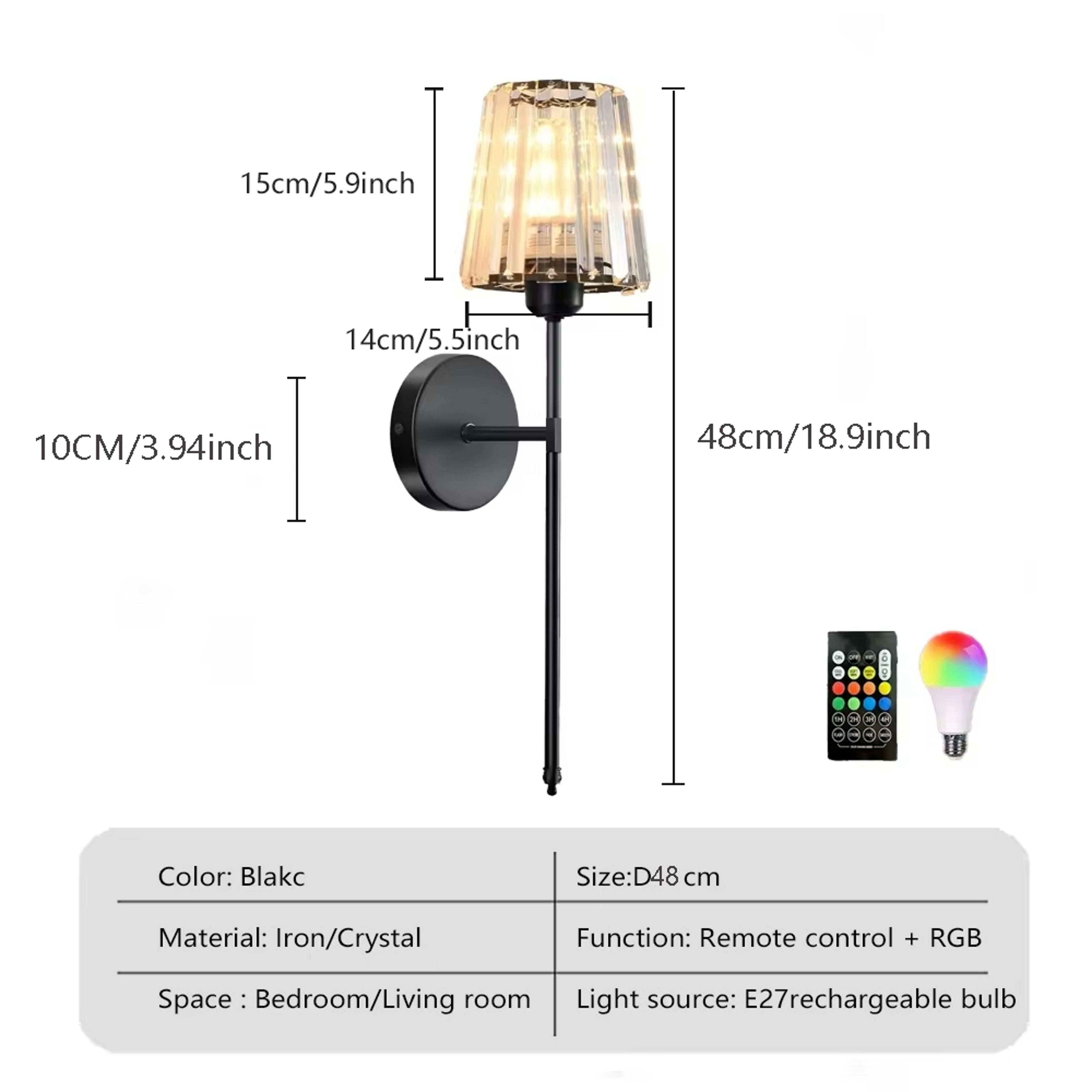 American Style Rechargeable Wall Sconce Crystal LED Wireless Wall Light for Bedroom Decor – view 9