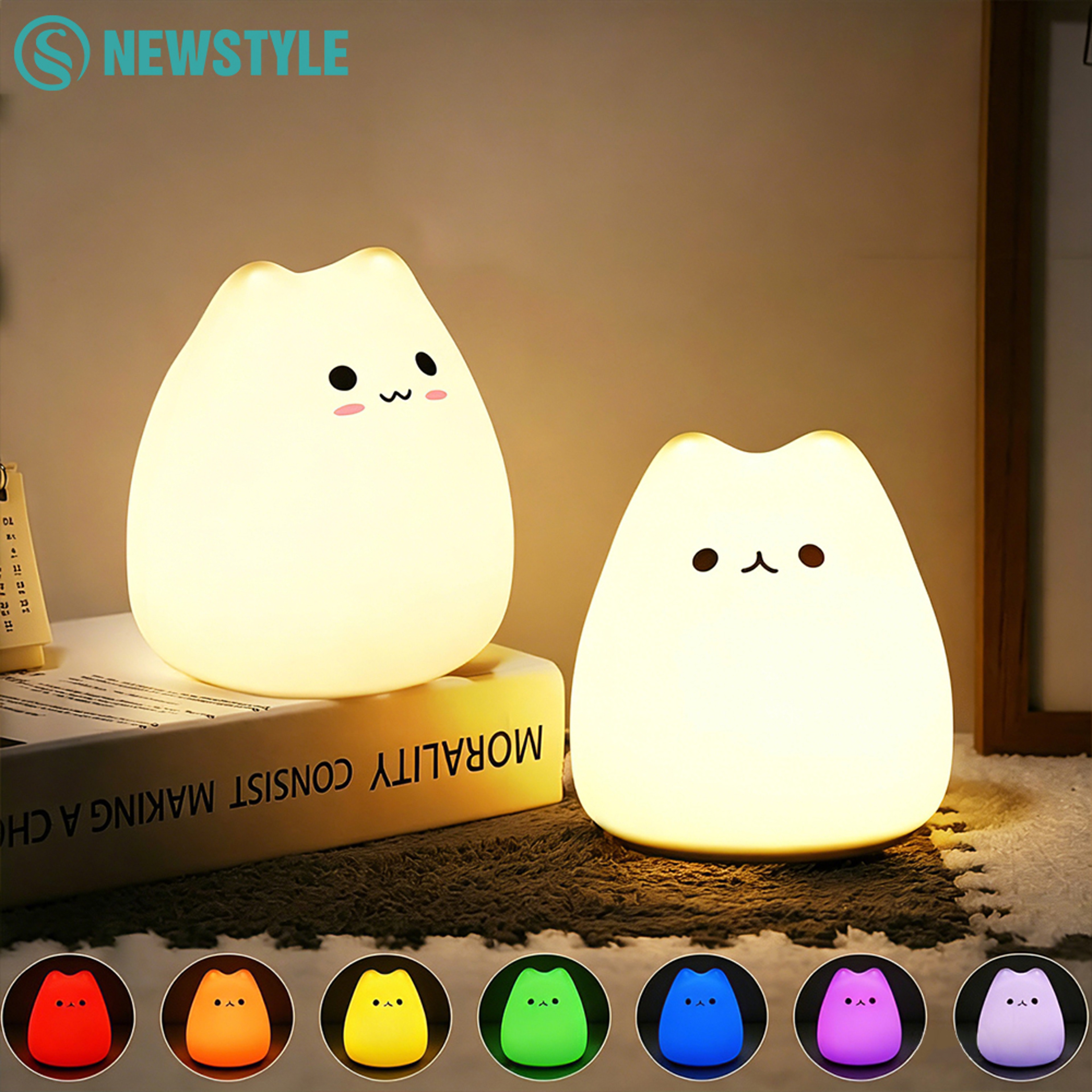 Cute Cat Night Light For Kids Nursery Warm Glow RGB Color Changing Lamp 0