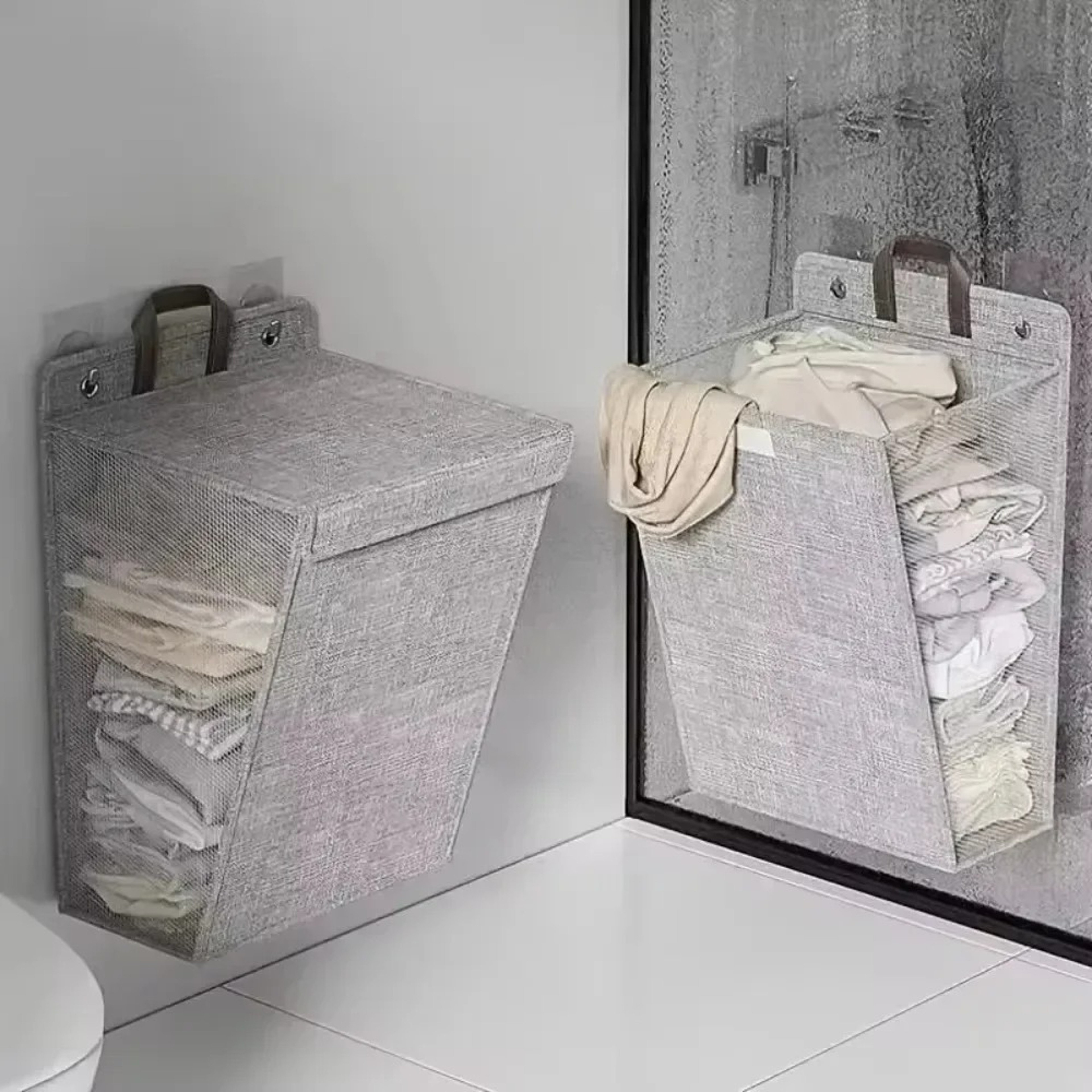 Foldable Wall Mounted Laundry Basket With Adhesive Hooks And Space Saving Mesh Hamper 3