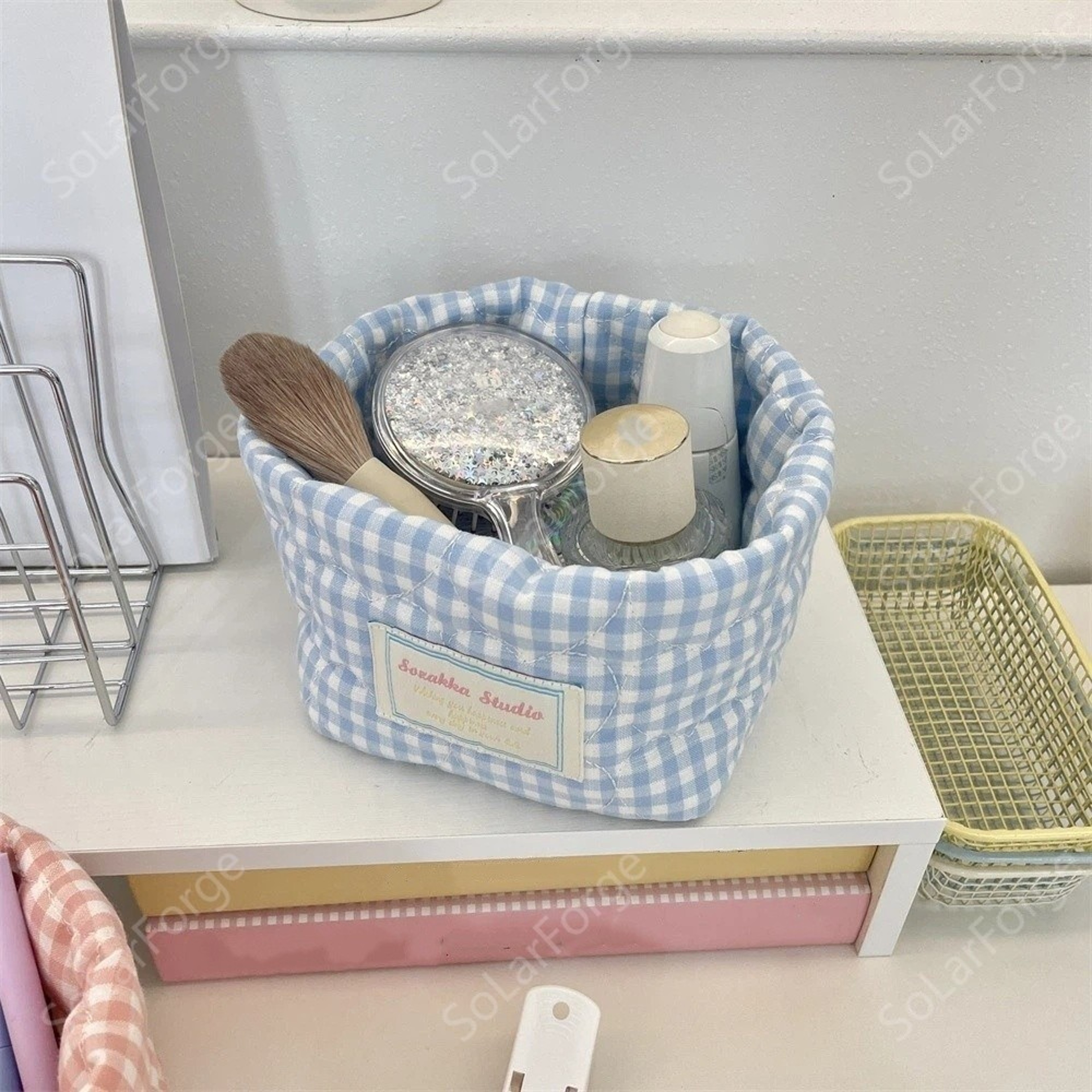 Plaid Fabric Storage Basket Stylish Foldable Storage Organizer Bin For Toys Cosmetics And Home 4