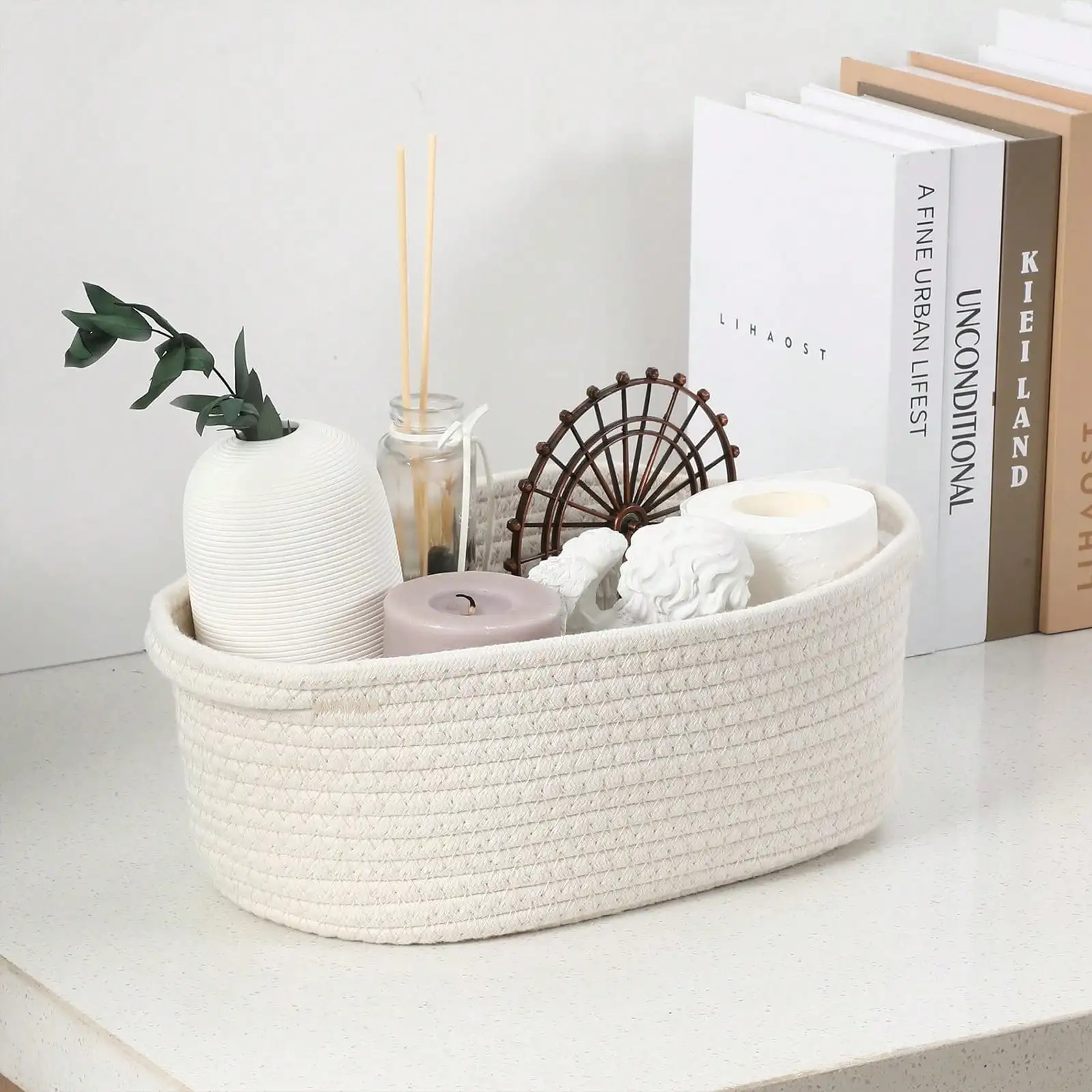 White Woven Storage Basket With Handle Gift Organizer For Home Decor – view 1