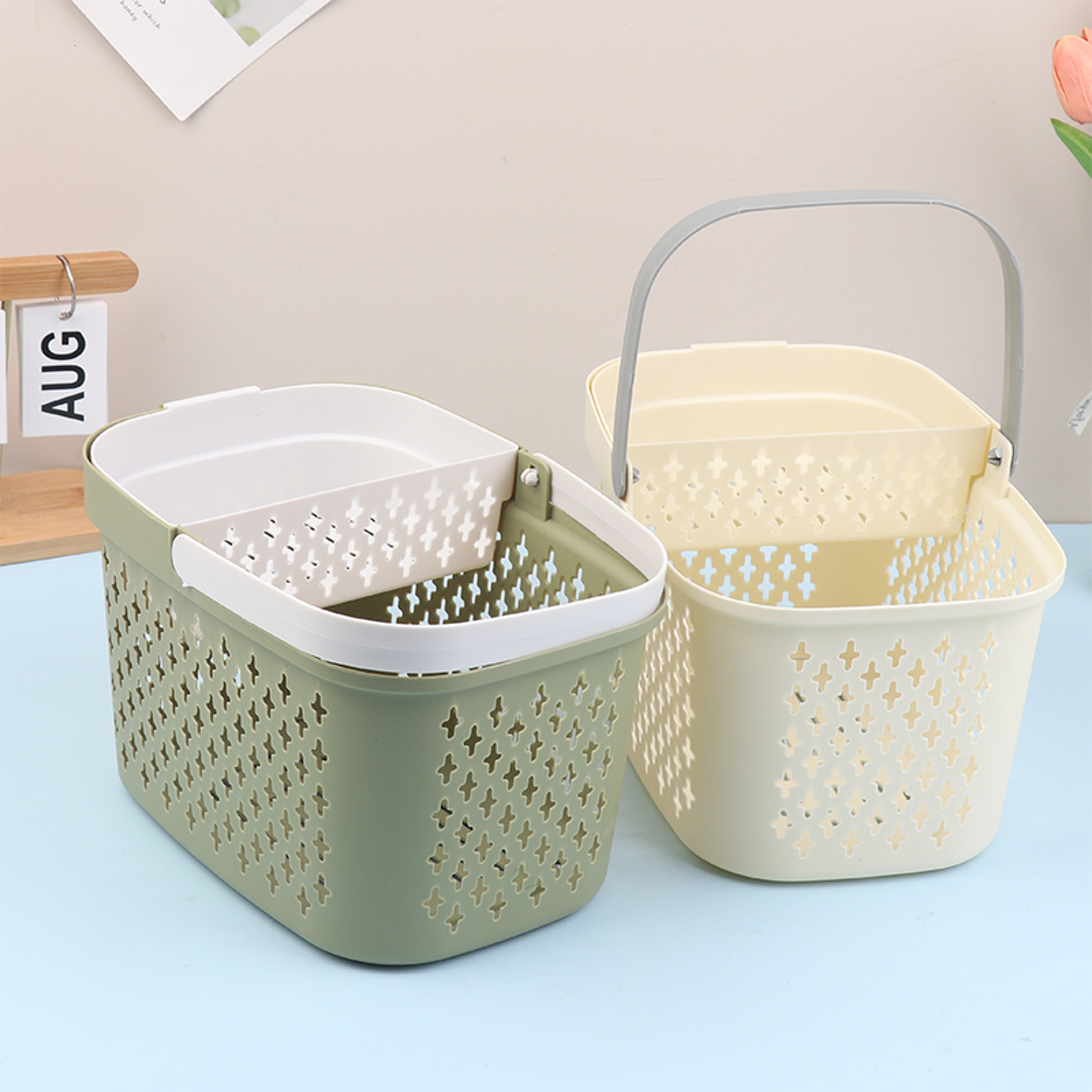 Stackable Bathroom Storage Basket With Handles Drainage Organizer For Home Gym And Travel Green 2