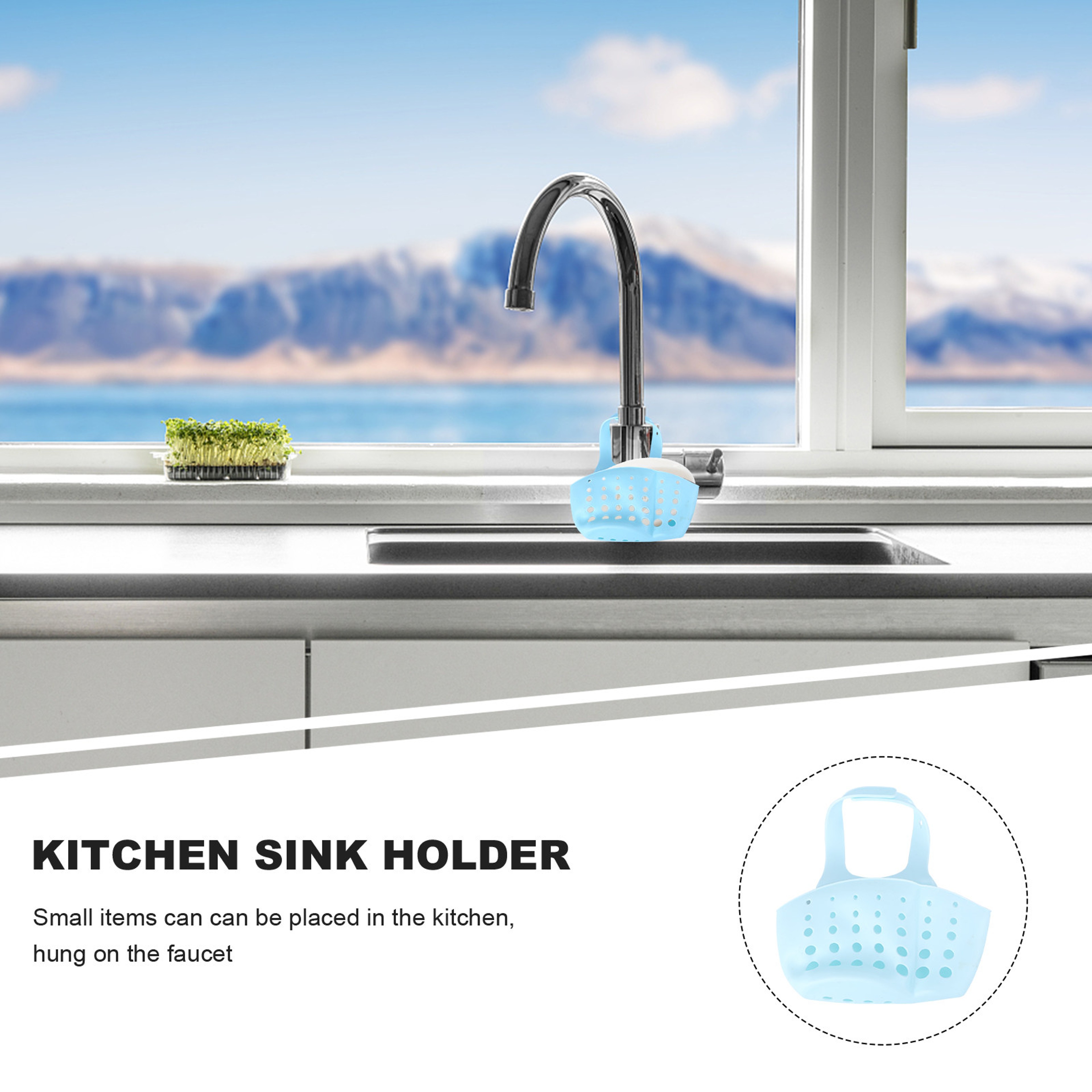 Double Sink Hanging Sponge Holder with Adjustable Strap and Drain Basket – view 2
