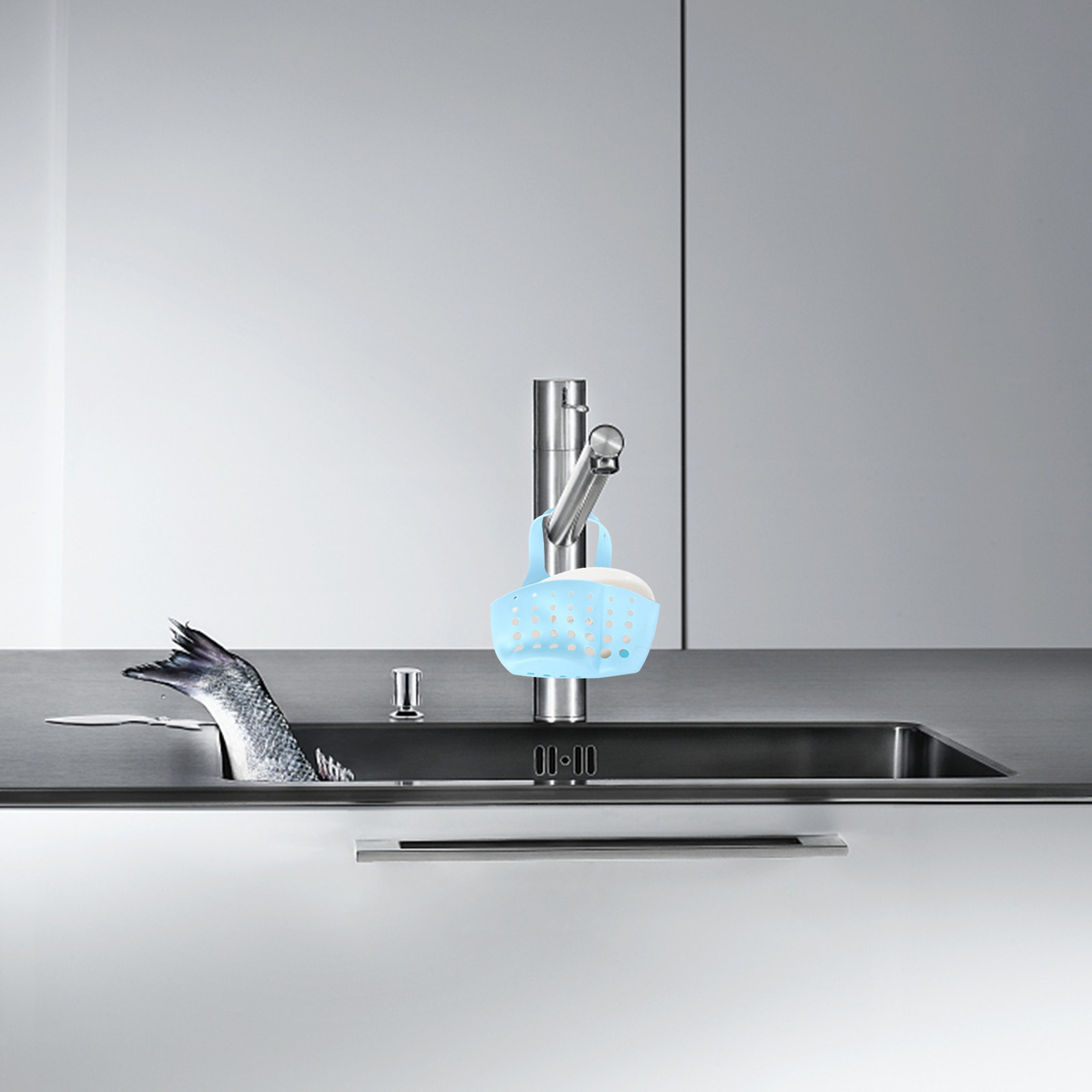 Double Sink Hanging Sponge Holder with Adjustable Strap and Drain Basket – view 4