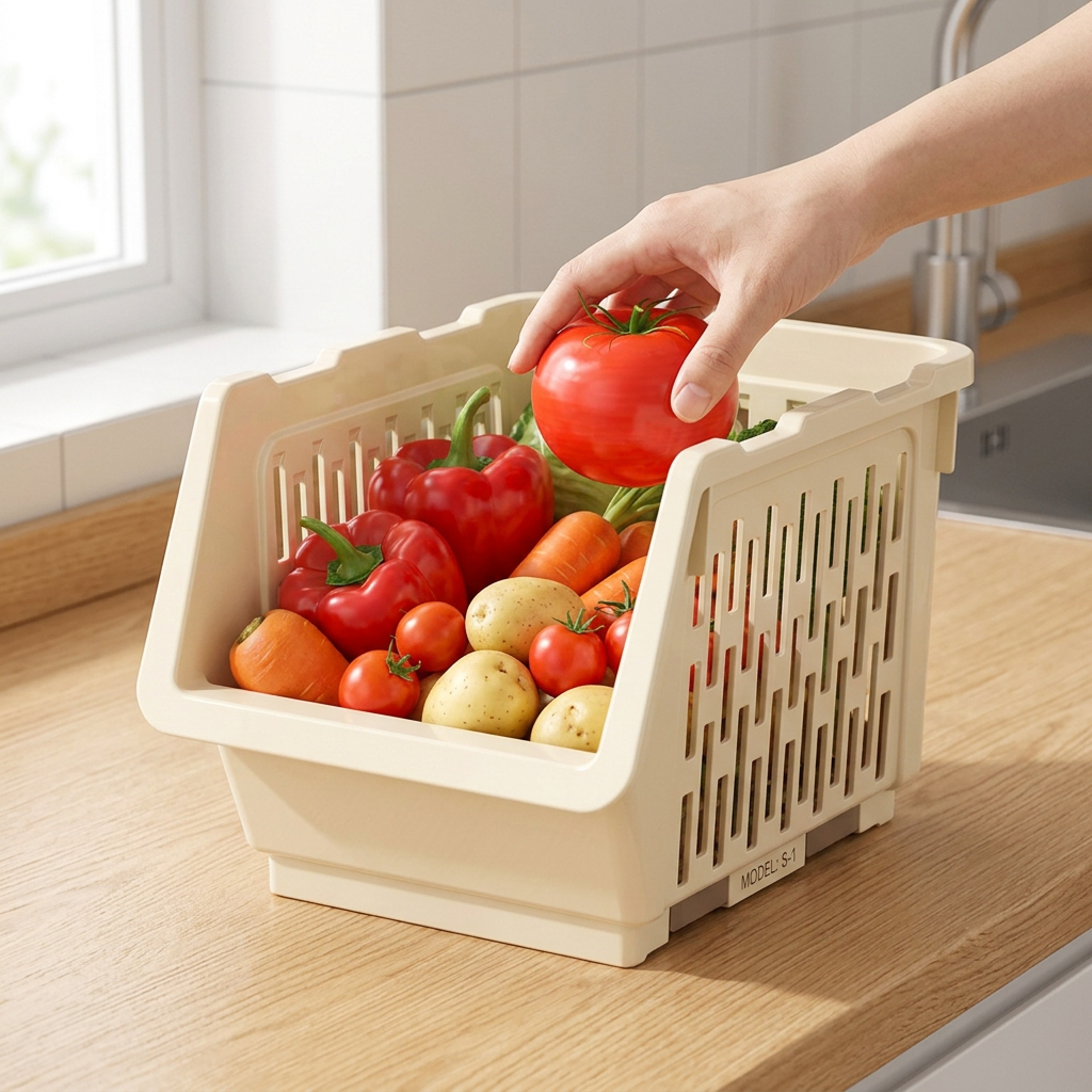 Stackable Kitchen Storage Basket PP Plastic Mesh Organizer for Vegetables and Pantry – view 3