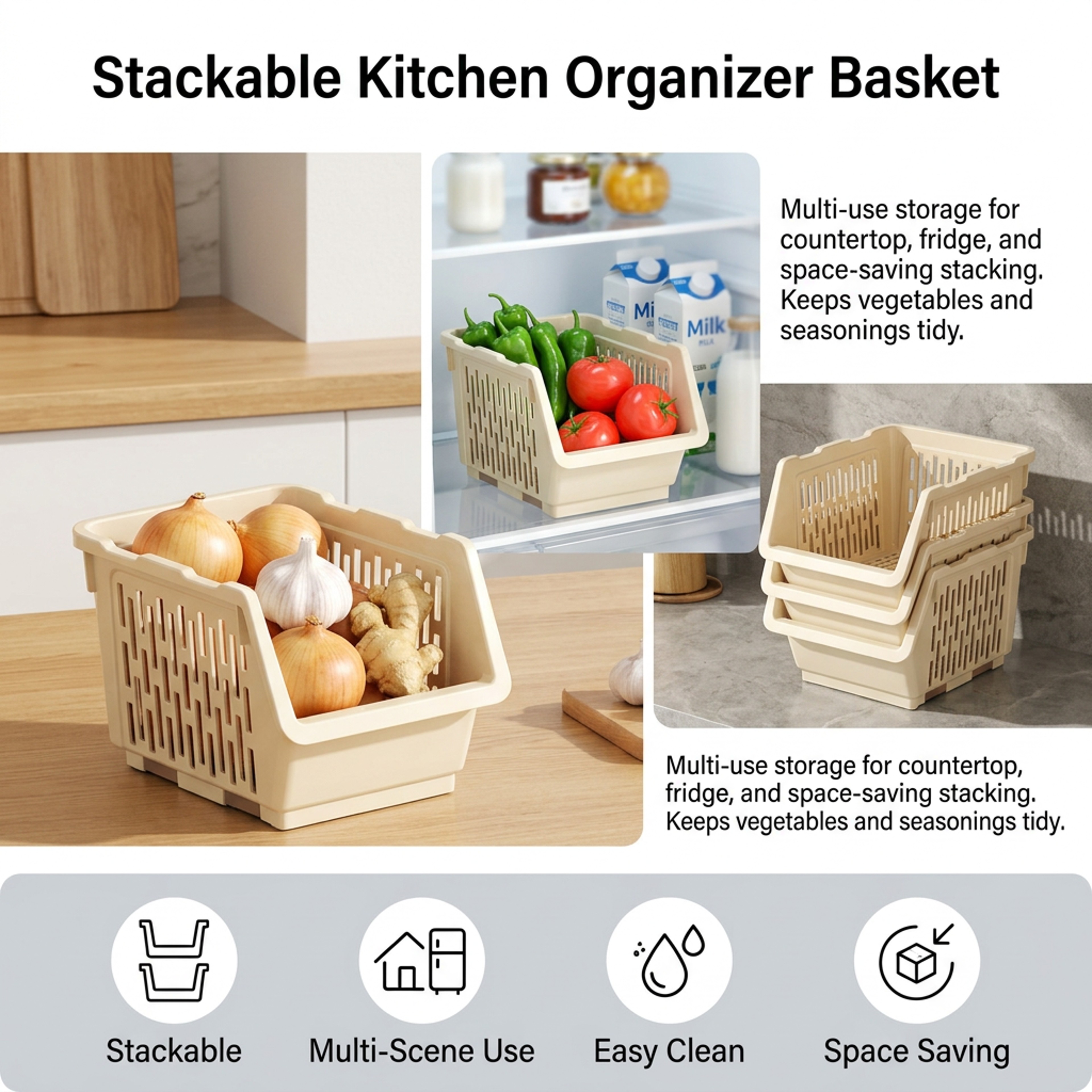 Stackable Kitchen Storage Basket PP Plastic Mesh Organizer for Vegetables and Pantry – view 6