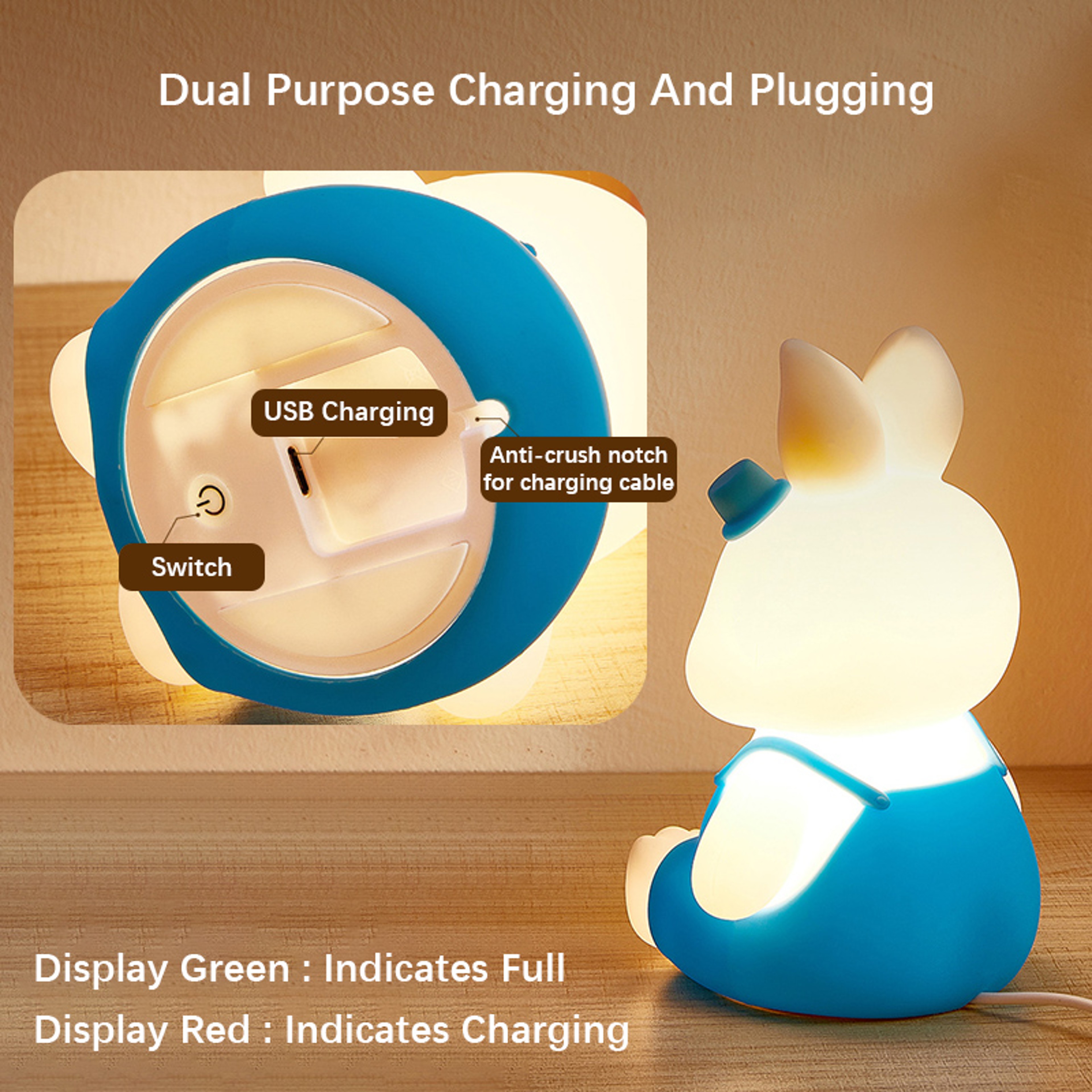 Cute Rabbit Night Light Silicone LED Lamp With 5 Colour Changing Glow For Kids Nursery 4