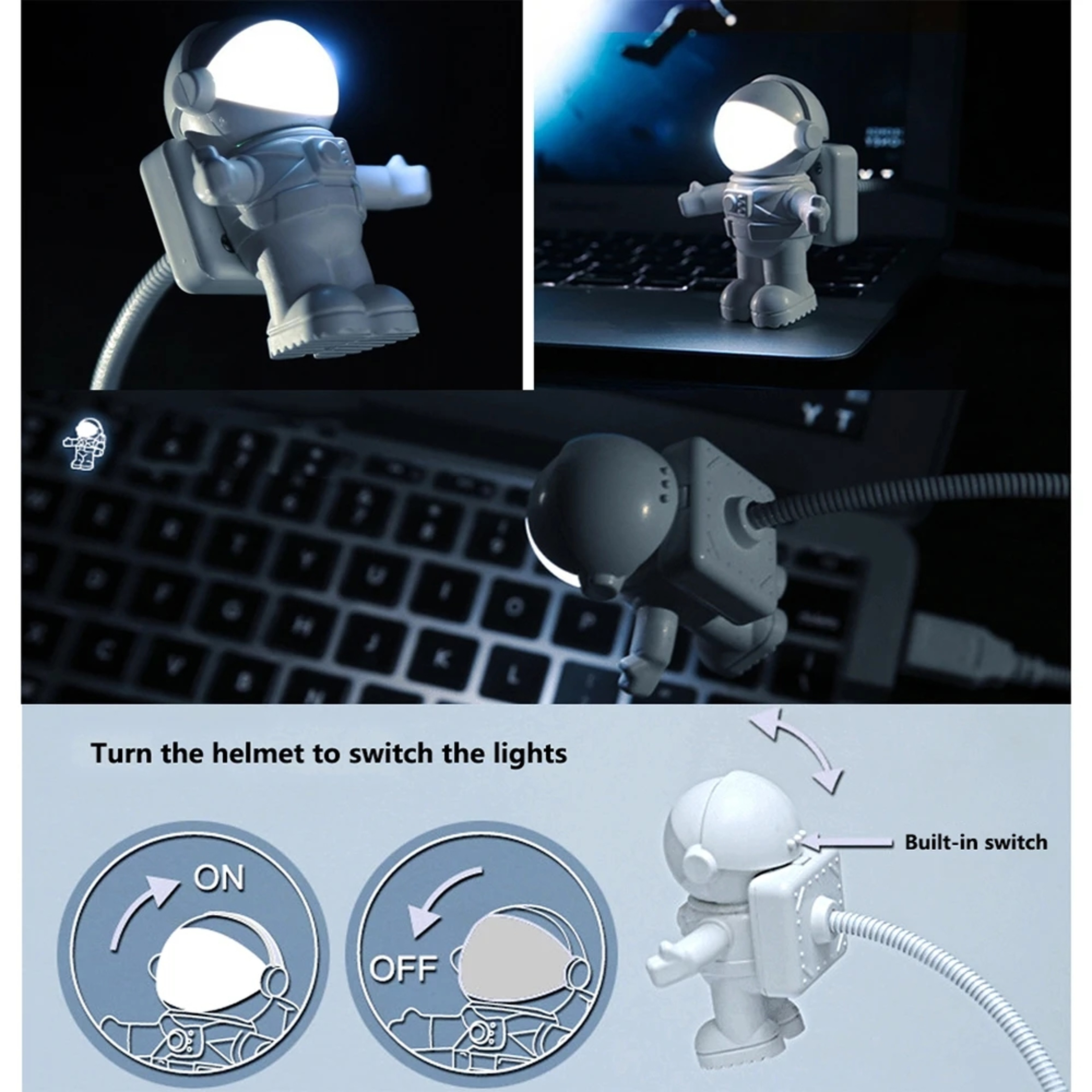 Astronaut USB Night Light Reading Lamp For Desk Laptop Keyboard 2