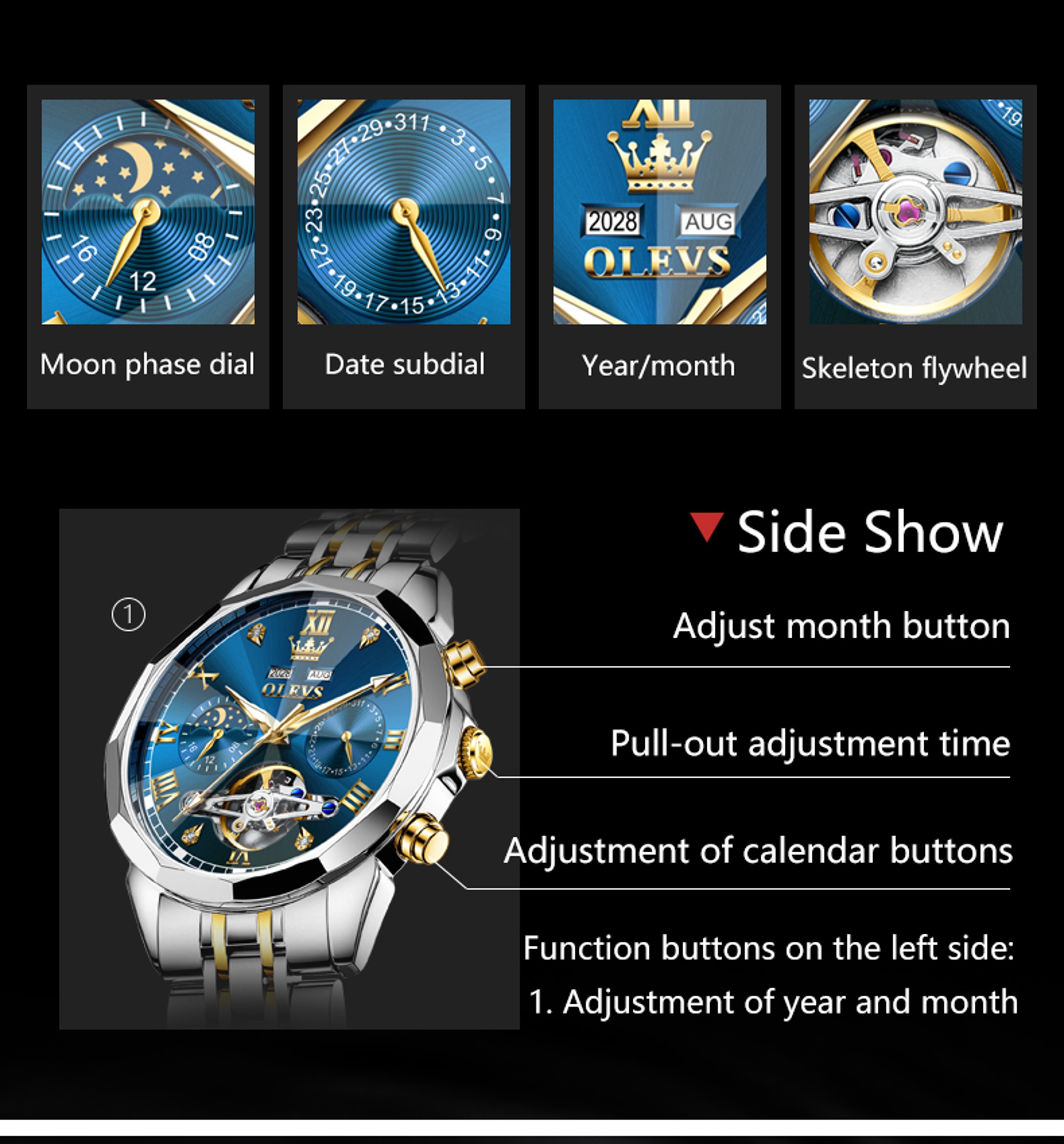Luxury Mens Automatic Skeleton Watch With Moon Phase And Stainless Steel Bracelet 2
