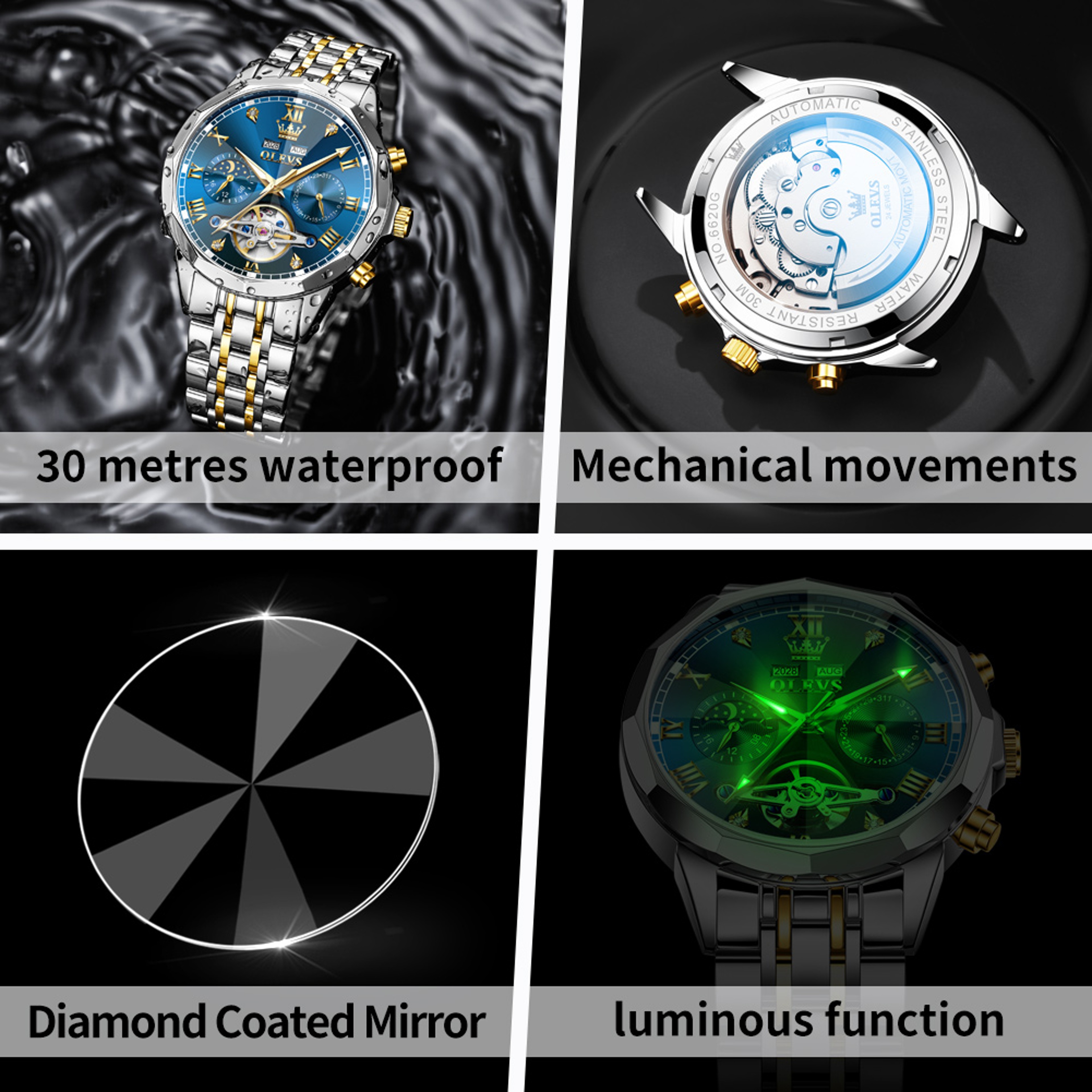 Luxury Mens Automatic Skeleton Watch With Moon Phase And Stainless Steel Bracelet 3