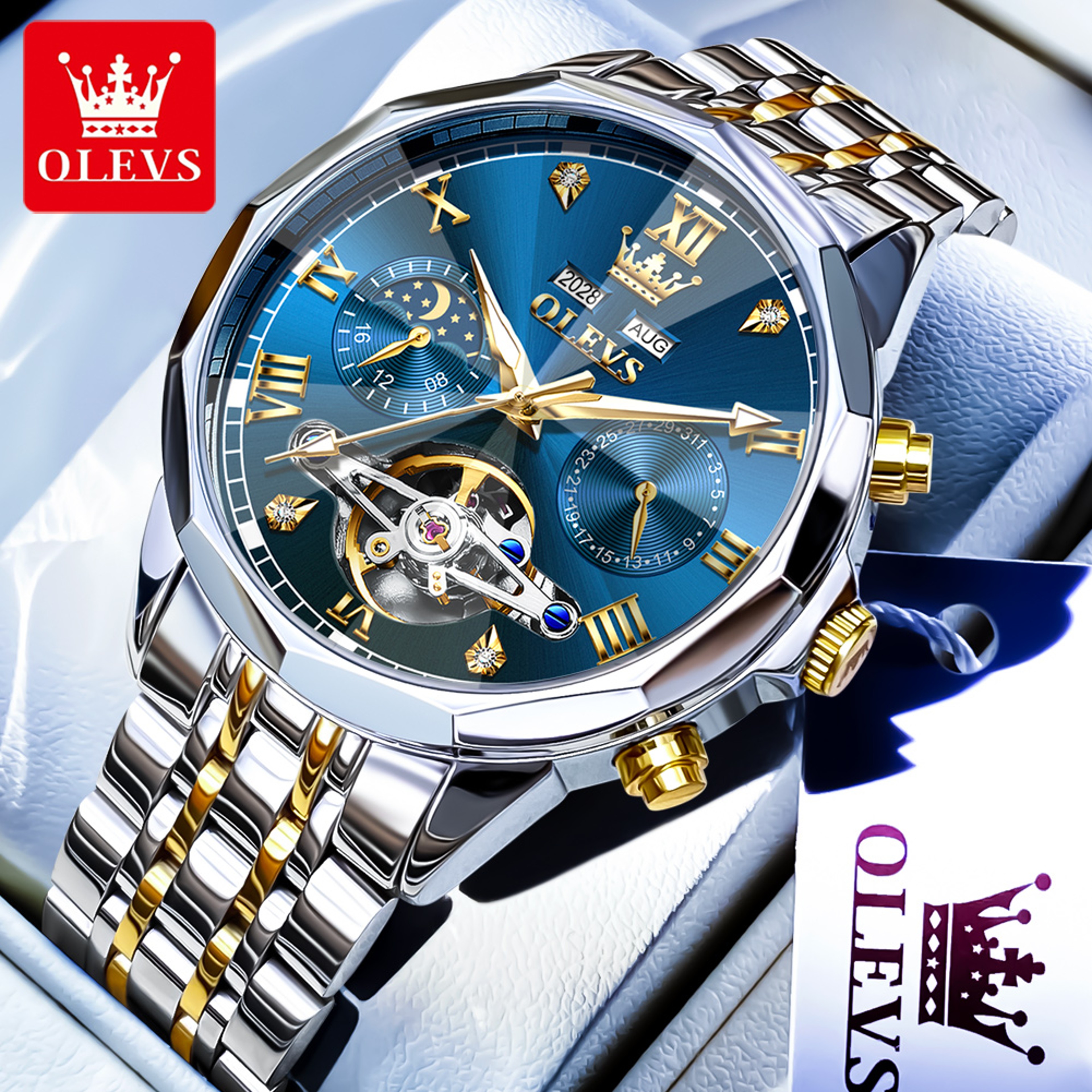 Luxury Mens Automatic Skeleton Watch With Moon Phase And Stainless Steel Bracelet 5