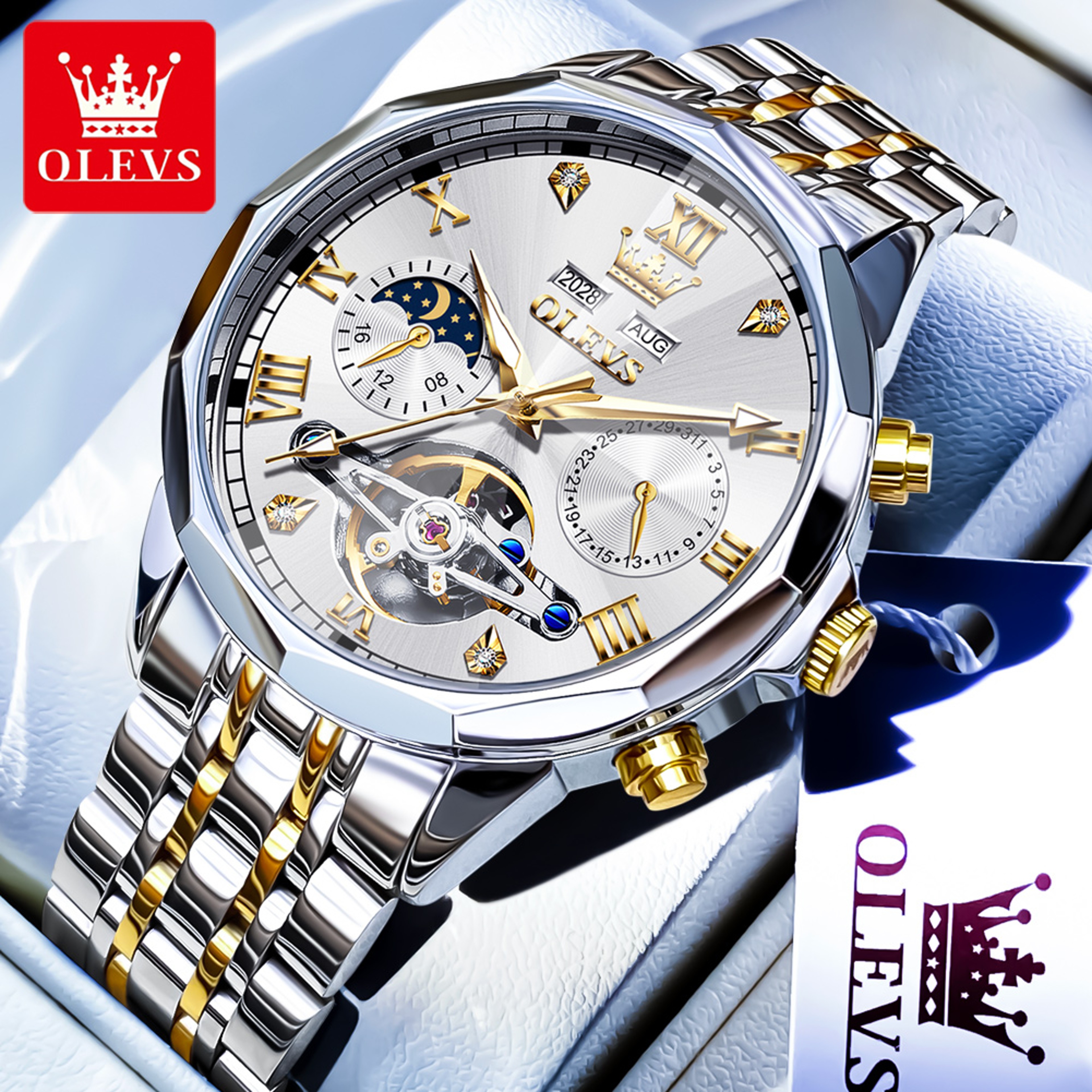 Luxury Mens Automatic Skeleton Watch With Moon Phase And Stainless Steel Bracelet 6