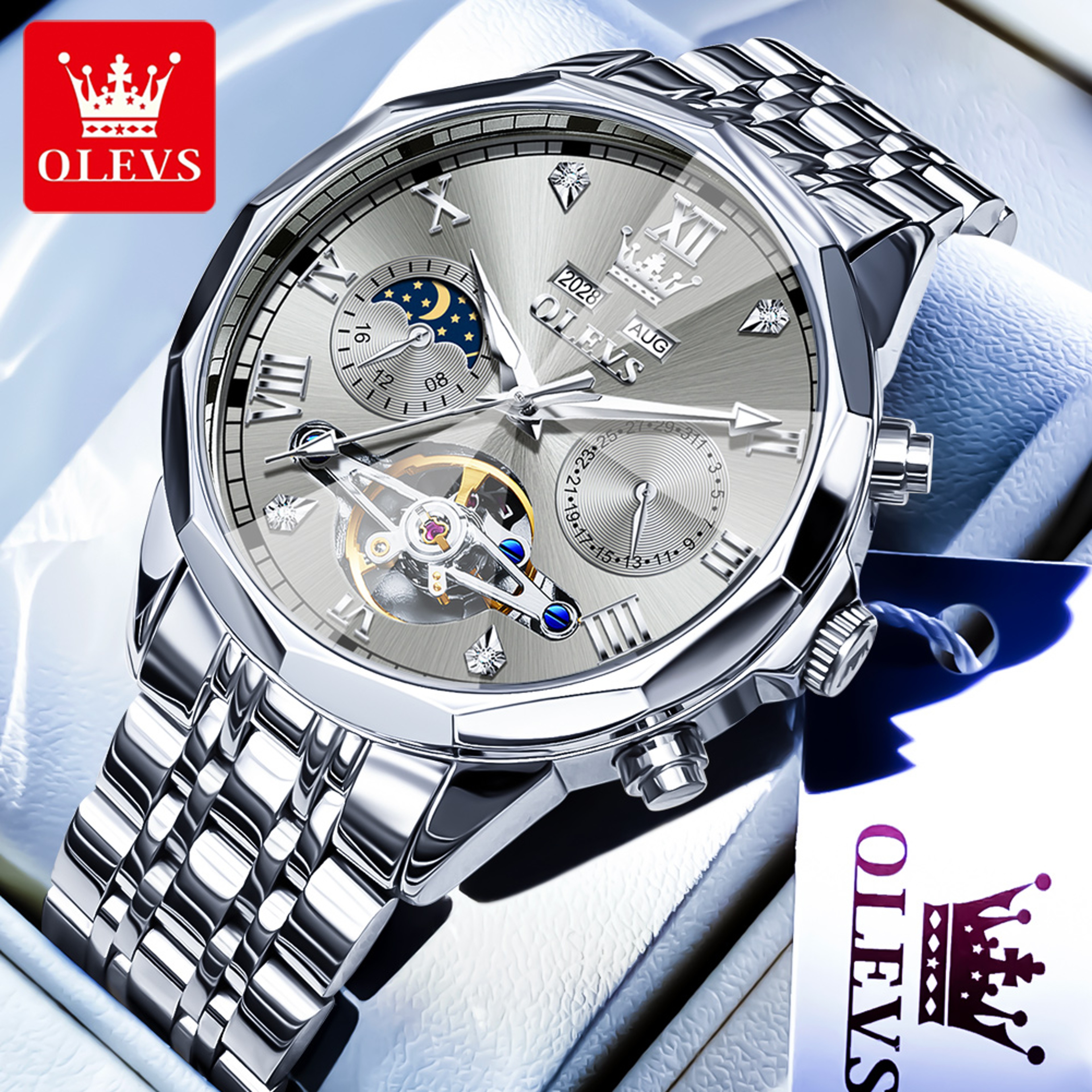 Luxury Mens Automatic Skeleton Watch With Moon Phase And Stainless Steel Bracelet 7
