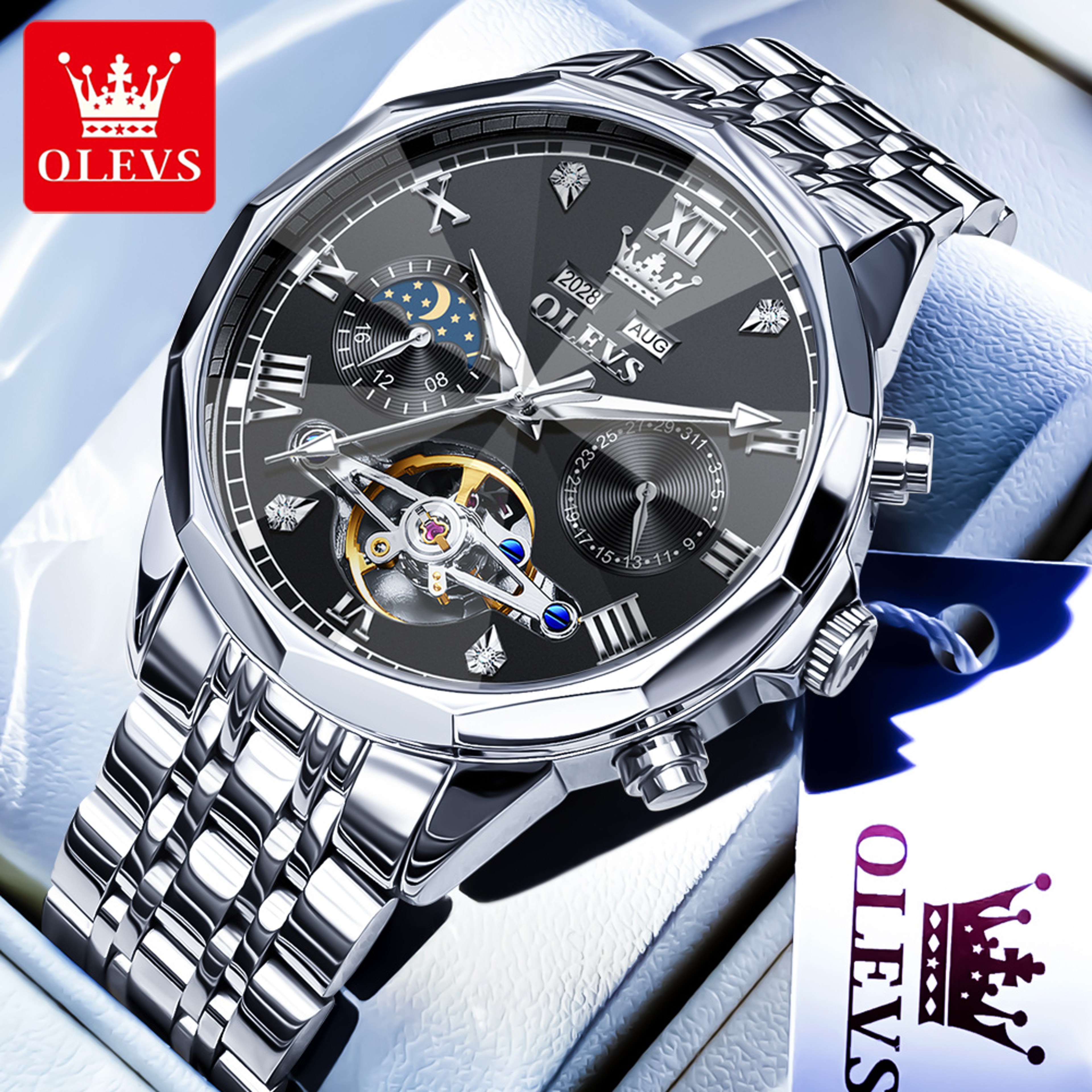 Luxury Mens Automatic Skeleton Watch With Moon Phase And Stainless Steel Bracelet 9