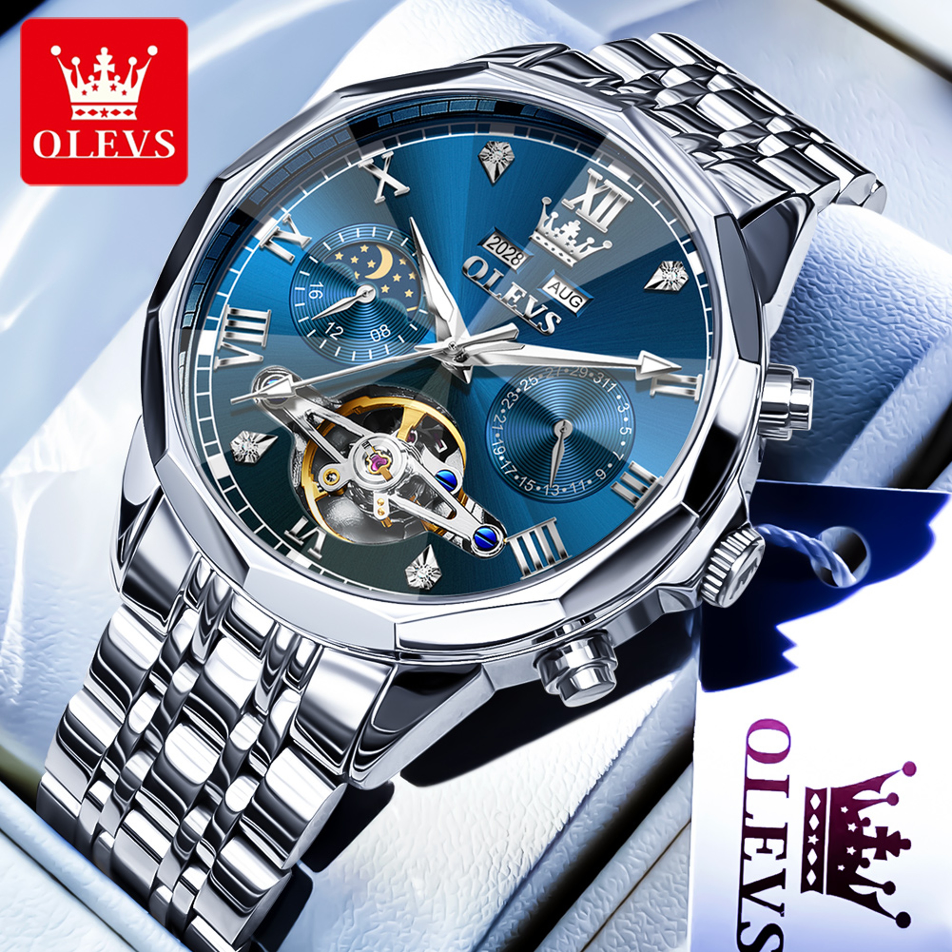 Luxury Mens Automatic Skeleton Watch With Moon Phase And Stainless Steel Bracelet 10
