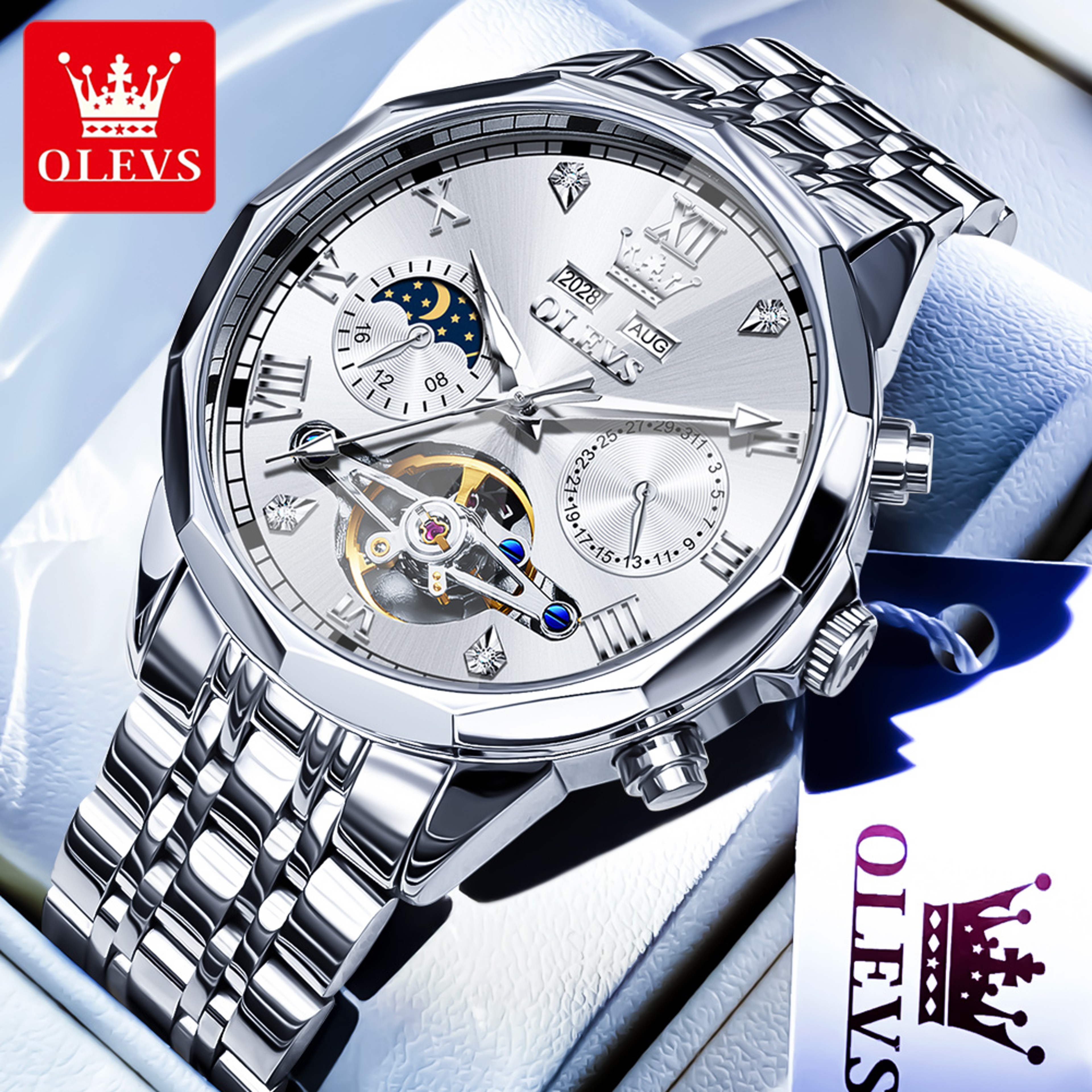 Luxury Mens Automatic Skeleton Watch With Moon Phase And Stainless Steel Bracelet 11