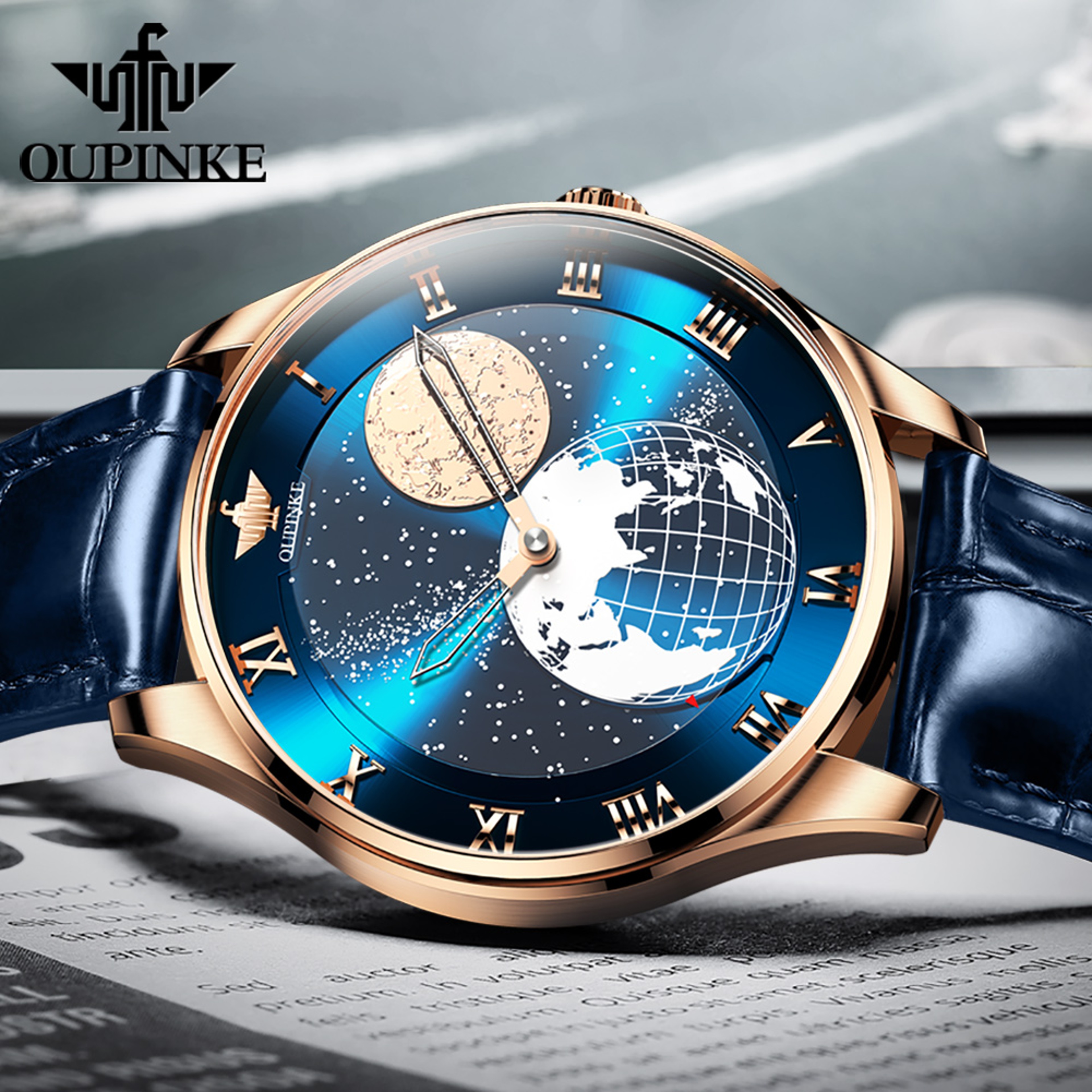 Earth Moon Phase Watch For Men Automatic Mechanical Starry Dial Watch 0